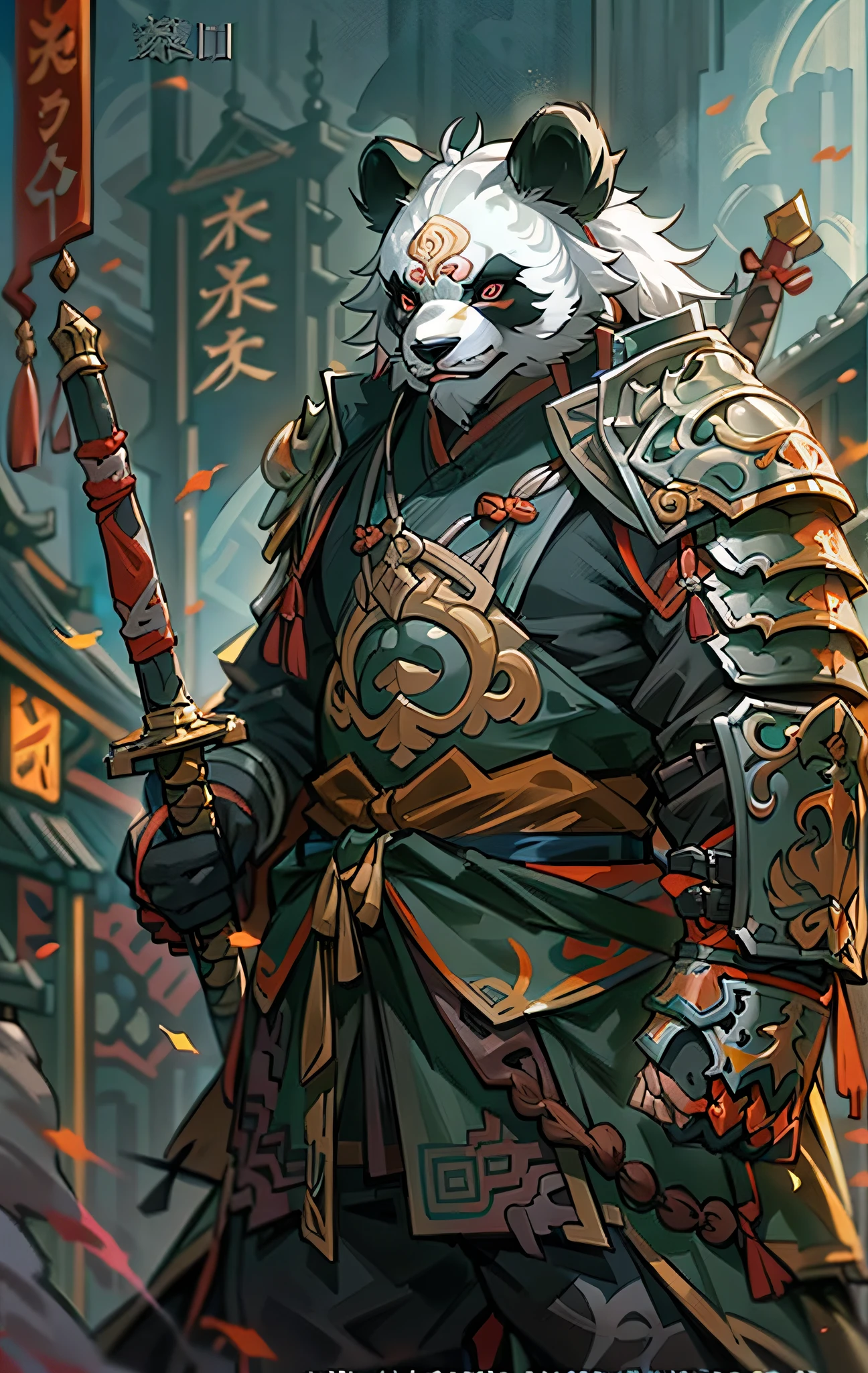 Giant panda warrior, Full body like，Close-up of giant panda warrior holding a sword in the city, Determined eyes，Fierce，Akira in Chinese mythology, an epic majestical degen trader, bian lian, by Yang J, Chinese Warrior, anthropomorphic samurai bear, Son Goku, cgsociety and fenghua zhong, inspired by Li Kan, epic samurai warrrior, Cat Warrior, Silver tattered cloak，Armour，Full body standing painting，Fantasy setting, character concept, character art, Character portrait, Cartoon, Best quality, Best resolution, 4K, Vivid colors, Vivid, High detail, best detail, confident pose, extrovert, look from down,