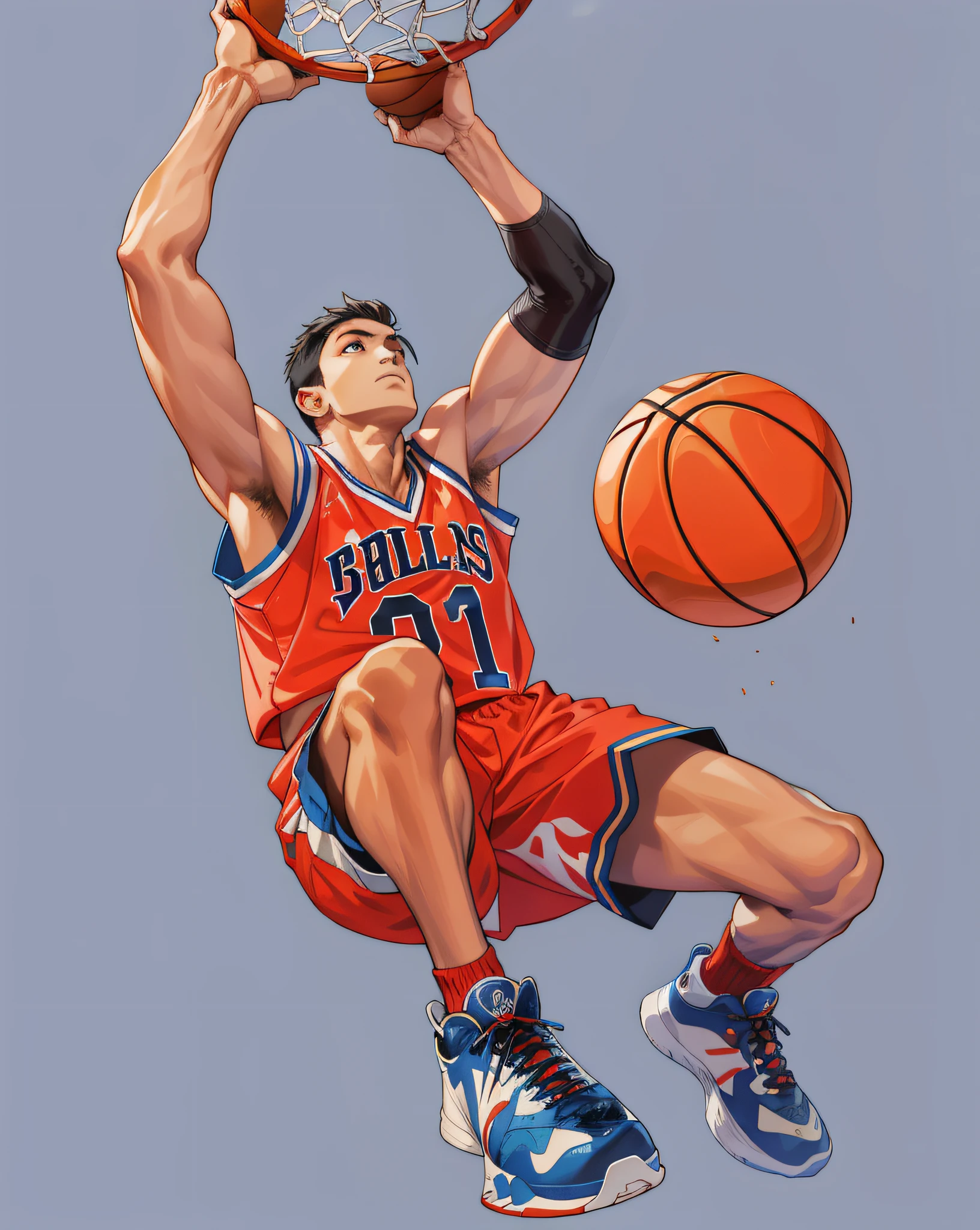 (absurderes, A high resolution, ultra - detailed), 1 man, rays of sunshine, There is a manhood, High facial fineness,tall muscular, Handsome, finely quality eyes, Complicated details, sportrait, (bloody scars:0.7), Jump up and dunk, 独奏, (full bodyesbian:0.6),detailed back ground,closeup cleavage,A determined expression,Dynamic posture,Slam dunk in Japanese manga,A boy wearing a red jersey and sneakers,Very handsome,Hair tied up,Jump high,Dunk in a dunk action,Vector graphics,Flat coating,pop-art,Encaustic painting,detail-rich,The painting style is refreshing,Professional illustration、 A beautiful basketball,The texture is clear,Local Q printing,Rounded,Flat coating,detailed meticulous,oil painted,Paint every intricate detail with an oil brush on a smooth canvas,NBA men's basketball team,Grab the basketball hoop with open arms,hiqcgbody,Lens 135mm,f 1,