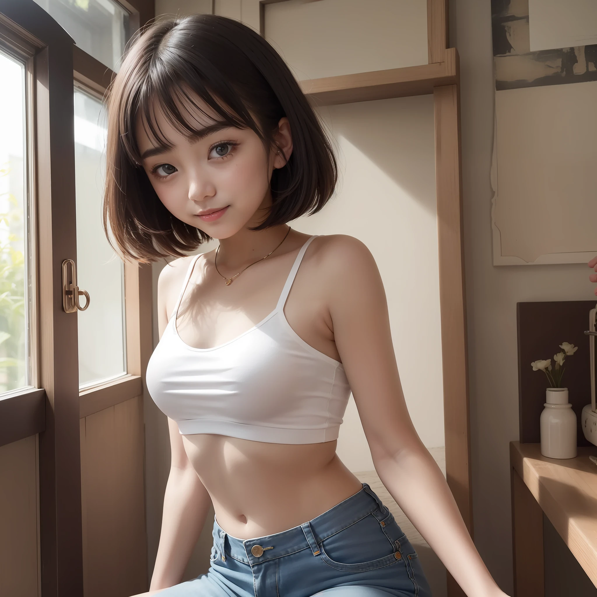With the best image quality、Teenage girl standing in room。Black Hair Bob Hair、Cute smile with mouth closed.。(tiny chest)、White camisole、Denim panties