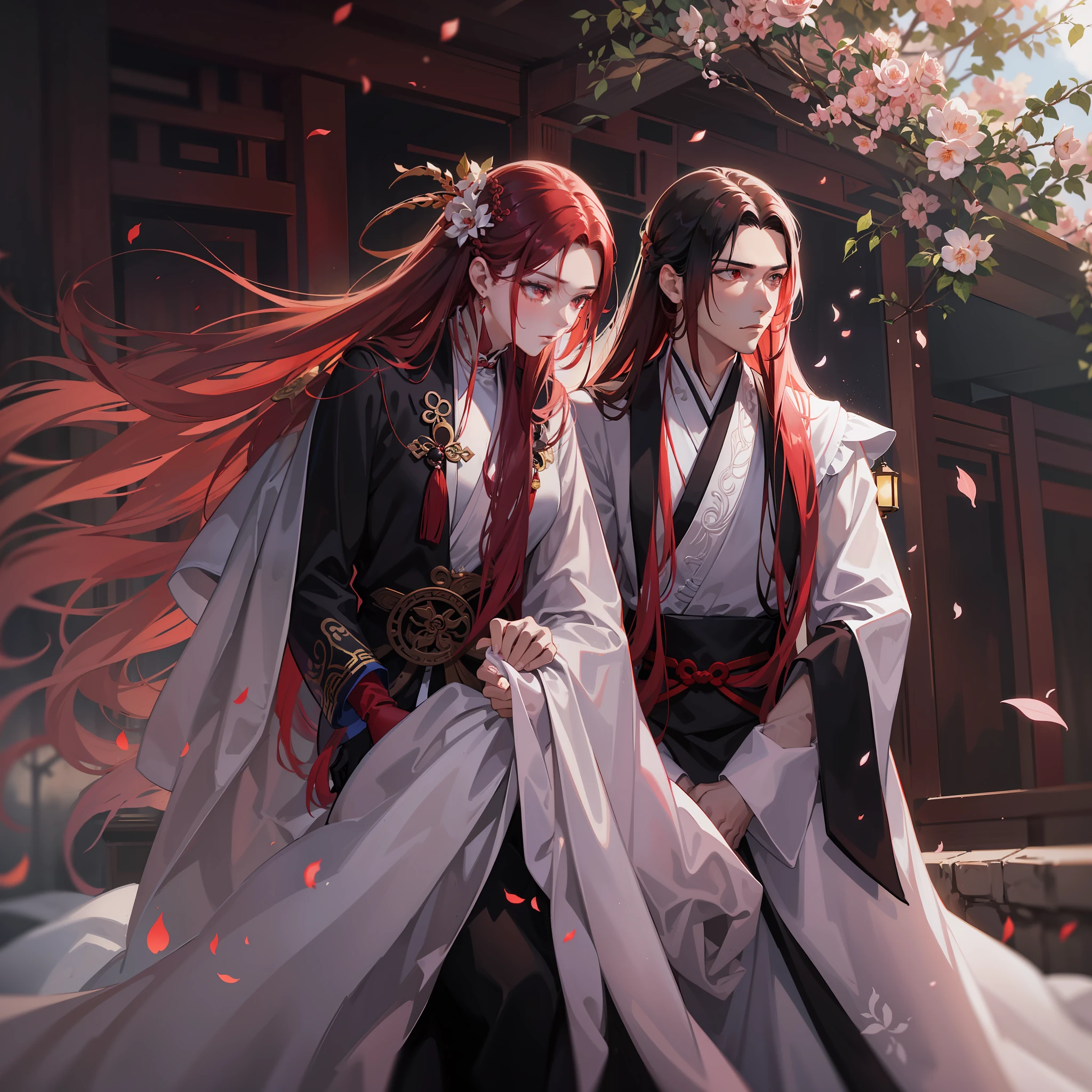 couple, man and woman, extremely handsome guy with long brown hair and black and red outfit and no facial hair, extremely beautiful woman with long pink hair and white clothing, xianxia clothing, xianxia, fantasy, wuxia, dramatic and romantic pose, dramatic lighting, dramatic and dynamic angle, masterpiece, best quality, perfect face, close up shot