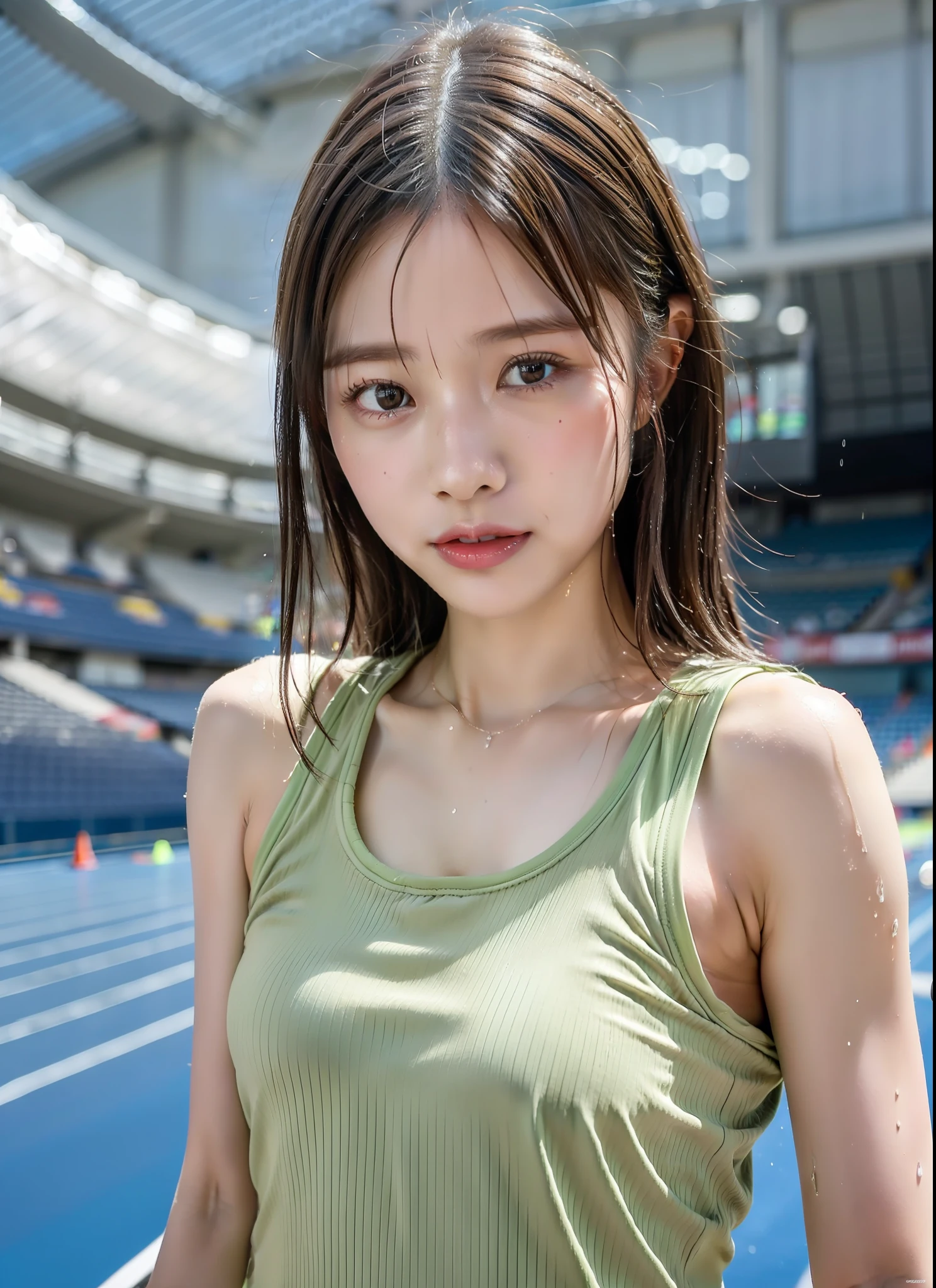 1人の女性、8K、Raw photography、(top-quality、​masterpiece、intricate detailes: 1.4)、(realisitic、Photorealsitic: 1.3)、(reallistic: 1.3)、Photorealsitic、 Female track and field athletes in Japan、((rainy day))、((Woman on track in stadium:1.8))、(Beauty like an actress in Japan)、((Tank top for a sheer track and field team))、(Tank top of the track and field team in light color)、(Tank top of the track and field team that gets wet from the rain and shows through the skin)、Track and field team tank top that sticks to the skin wet from the rain、Wet colored bloomers、((Bob Hair))、(wetting hair)、(Wet bangs)、wetted skin、(nipple protrusions that can be seen through)、 20yr old、(a small face:1.5)、(Embarrassed look)、Light makeup、Thin eyebrows、 detailed and beautiful faces、A detailed eye、(Tear bag:1.1)、Detailed finger、Detailed legs、Detailed skin、Medium chest、Lustrous hair、Lustrous skin、Wet and drippy hair、Wet and drippy skin、Tank top of the track and field team with wet and dripping water、(no-bra)、(No Underwear)