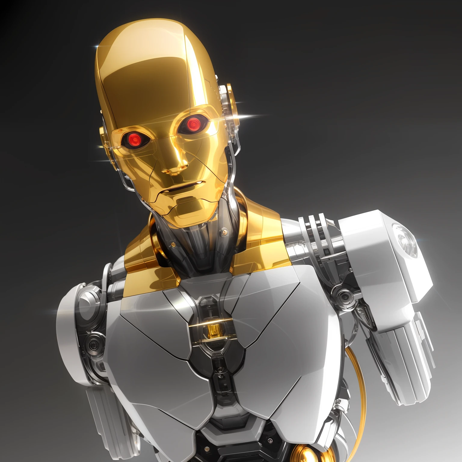Homem ciborgue, friendly expression, gold oil flowing from cyborg man's threads | with visible brain details | fio muscular | White marble bust | Canon M50 | 100 mm | foco claro | suave | hiper-realismo | alto detalhe | detalhes complexos | DaVinci escultura