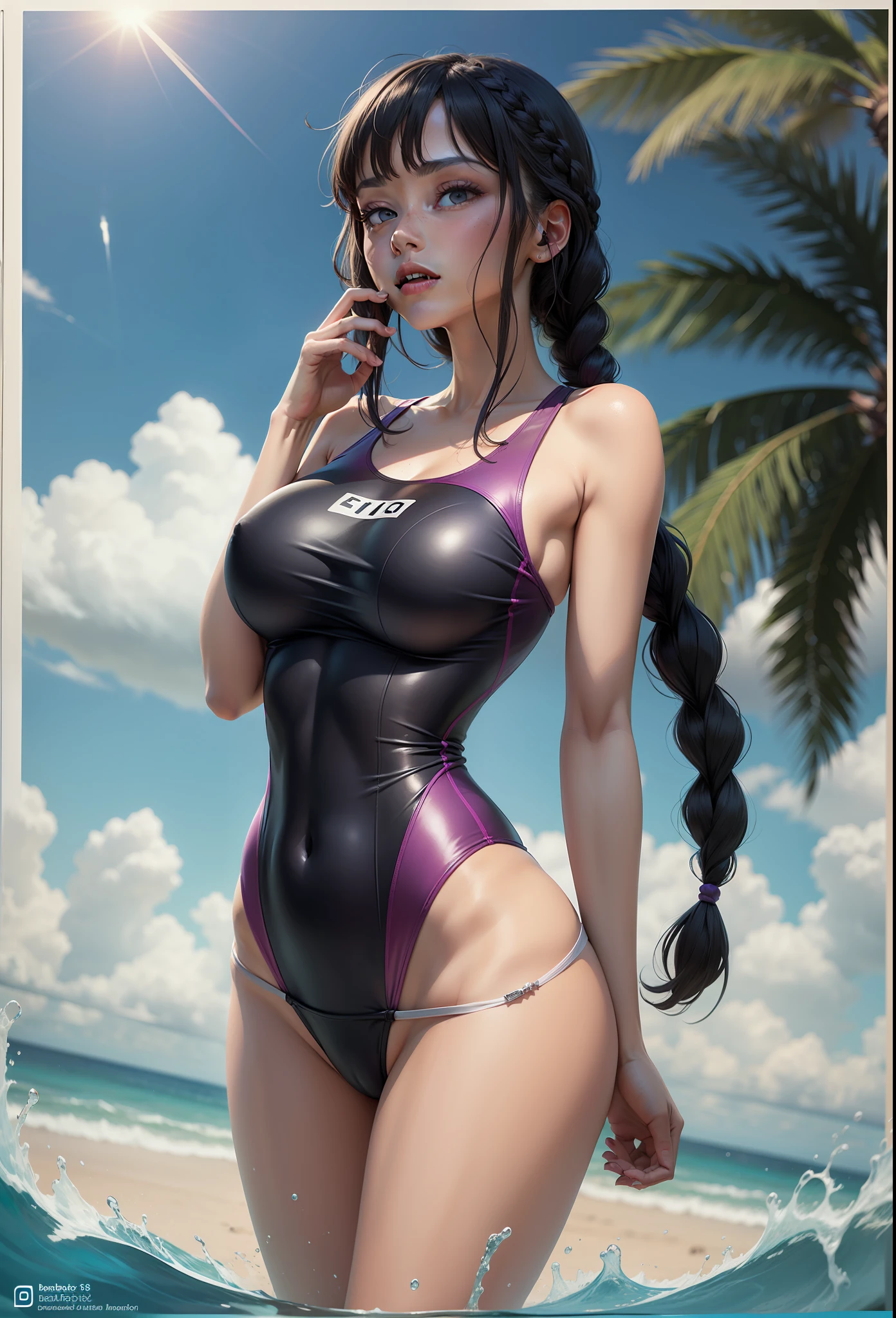 1girl, swimsuit, braid, solo, rating:safe, black_hair, breasts, long_hair, bangs, one-piece_swimsuit, large_breasts, big_breasts,single_braid, blunt_bangs, cowboy_shot, school_swimsuit,highleg,twin_braids, purple_hair, black_eyes, standing, water, sidelocks, looking_at_viewer, day, border, collarbone, watermark, parted_lips, outdoors, black_swimsuit, coverd_nipples、erection_nipples、hair_bobbles, ocean, sky, hair_ornament, blurry, arm_at_side, beach, very_long_hair, blue_eyes