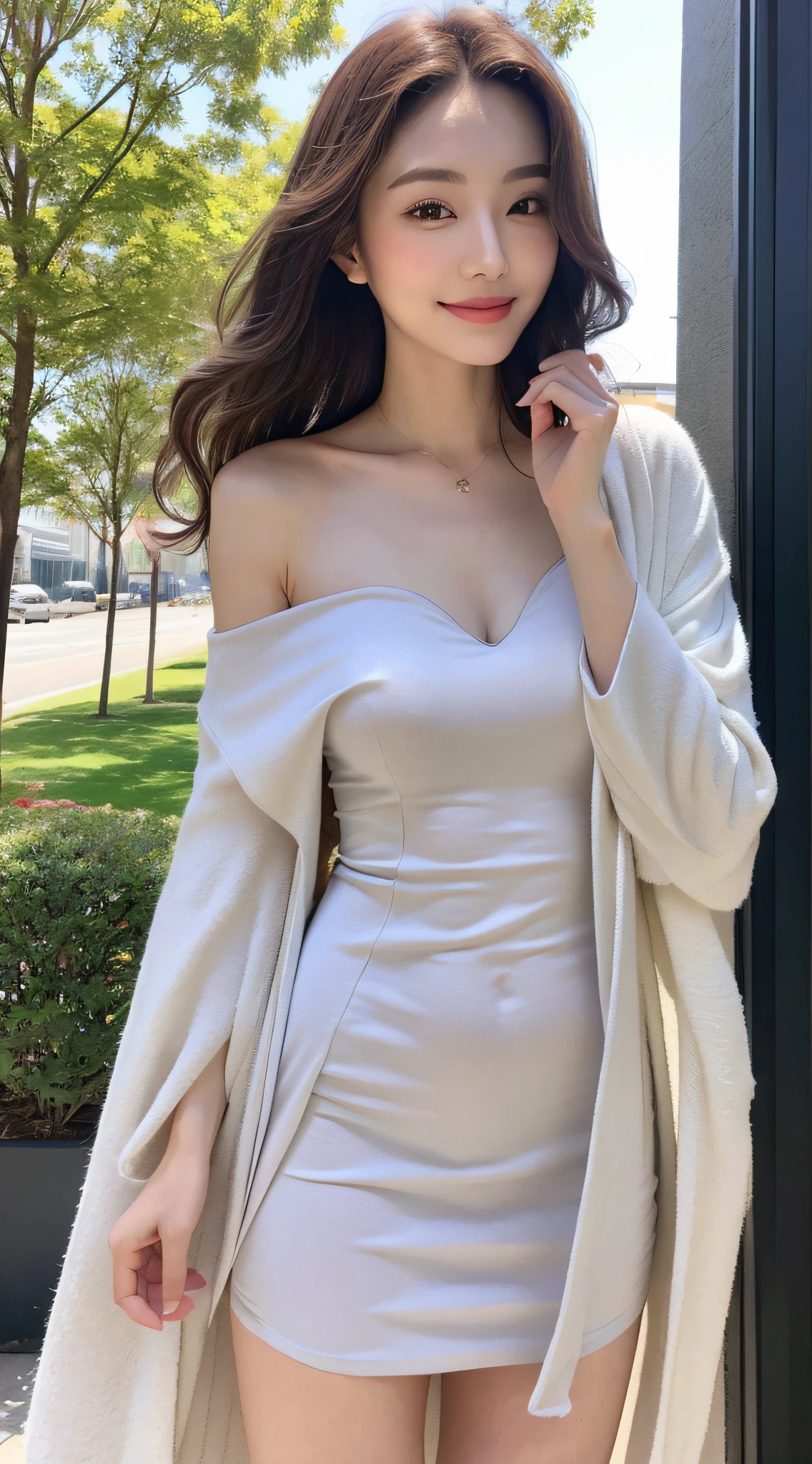 (best qualtiy,A high resolution,tmasterpiece:1.3),A tall and beautiful woman,Slender abs,Dark brown hair in loose wavy styling,full bodyesbian, Long legs, Focalors:1.2, perfect figure beautiful woman:1.4, Slim abs:1.1,(shift dresses,pale robe),(Modern architecture in background),The details in the facial and skin textures are beautifully rendered,Detailed eyes,二重まぶた,Natural eyes,ssmile
