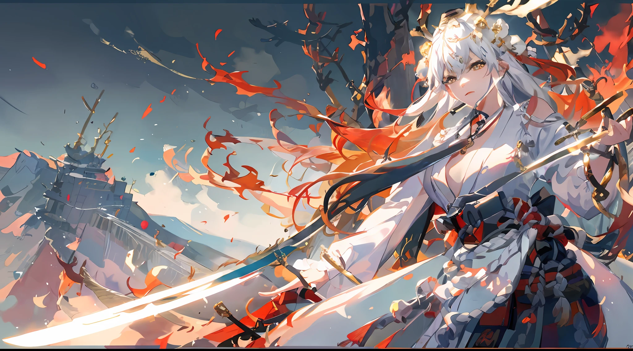 ultra 8k CG,  aquarelle, Picture-perfect face, Flawless, Clean, Masterpiece, Professional artwork, Famous artwork, Cinematic lighting, Cinematic bloom, 1 adult, full bodyesbian, White hair, (Colorful suits:1.5), scabbard, (holdingsword:1.3), unsheathed, (At the summit:1.5), Dragon, (holdingsword:1.3), ((Dramatic lighting)),Sharp focus, open kimono, Fancy trench coat,Fighting ,Colorful background, Flame