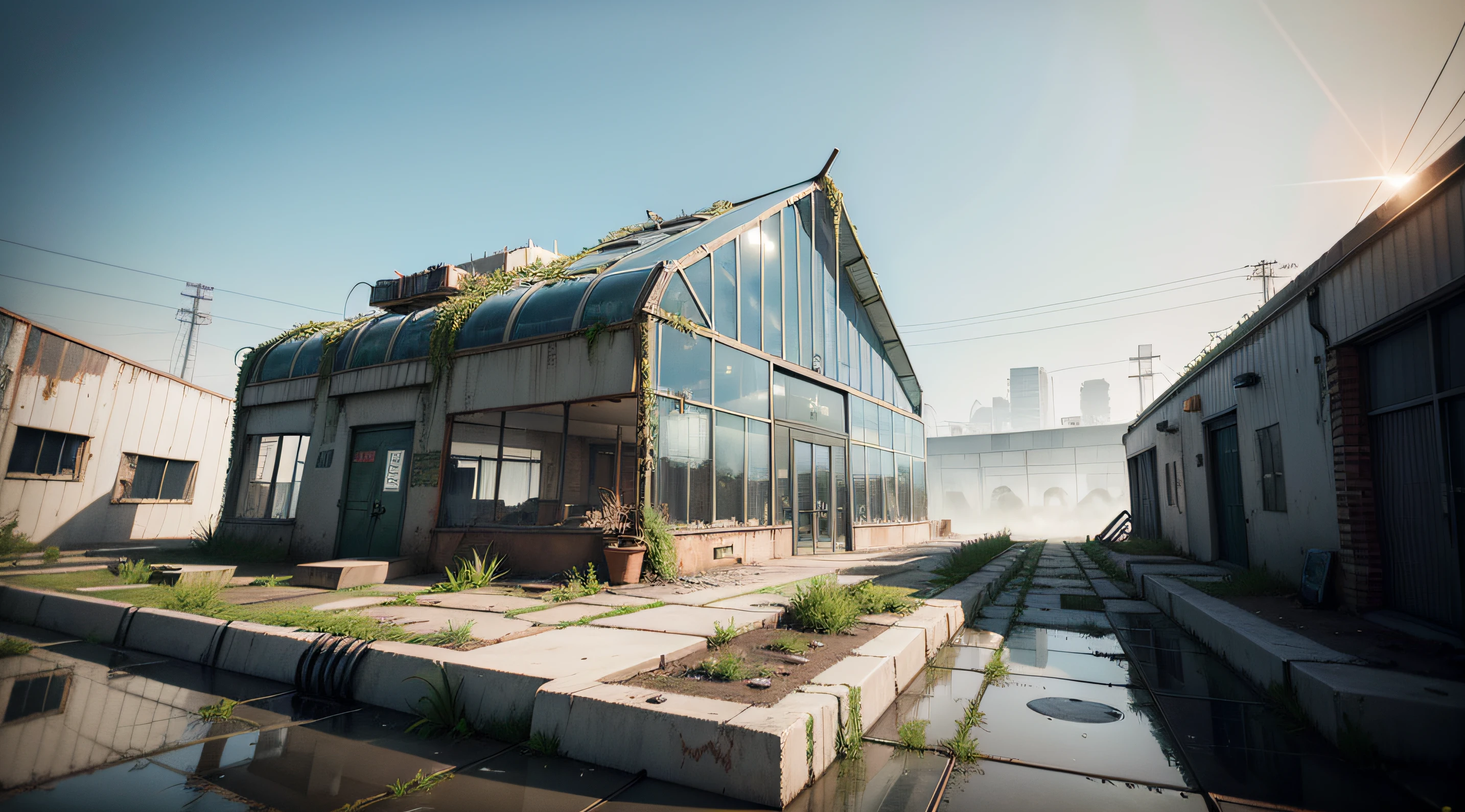 Industrial punk,Wasteland,post apocalyptic world,Dilapidated greenhouse,Savage-growing plants,cyber punk perssonage,physically-based renderingt,water puddles,best qualtiy,The is very detailed,hdr(down view)photorealistic beautiful,tmasterpiece,A plant,flower pots,NOhumans,Glass room,Pitched roof,All-glass material,A small amount of glass breaks,Many glass-made buildings