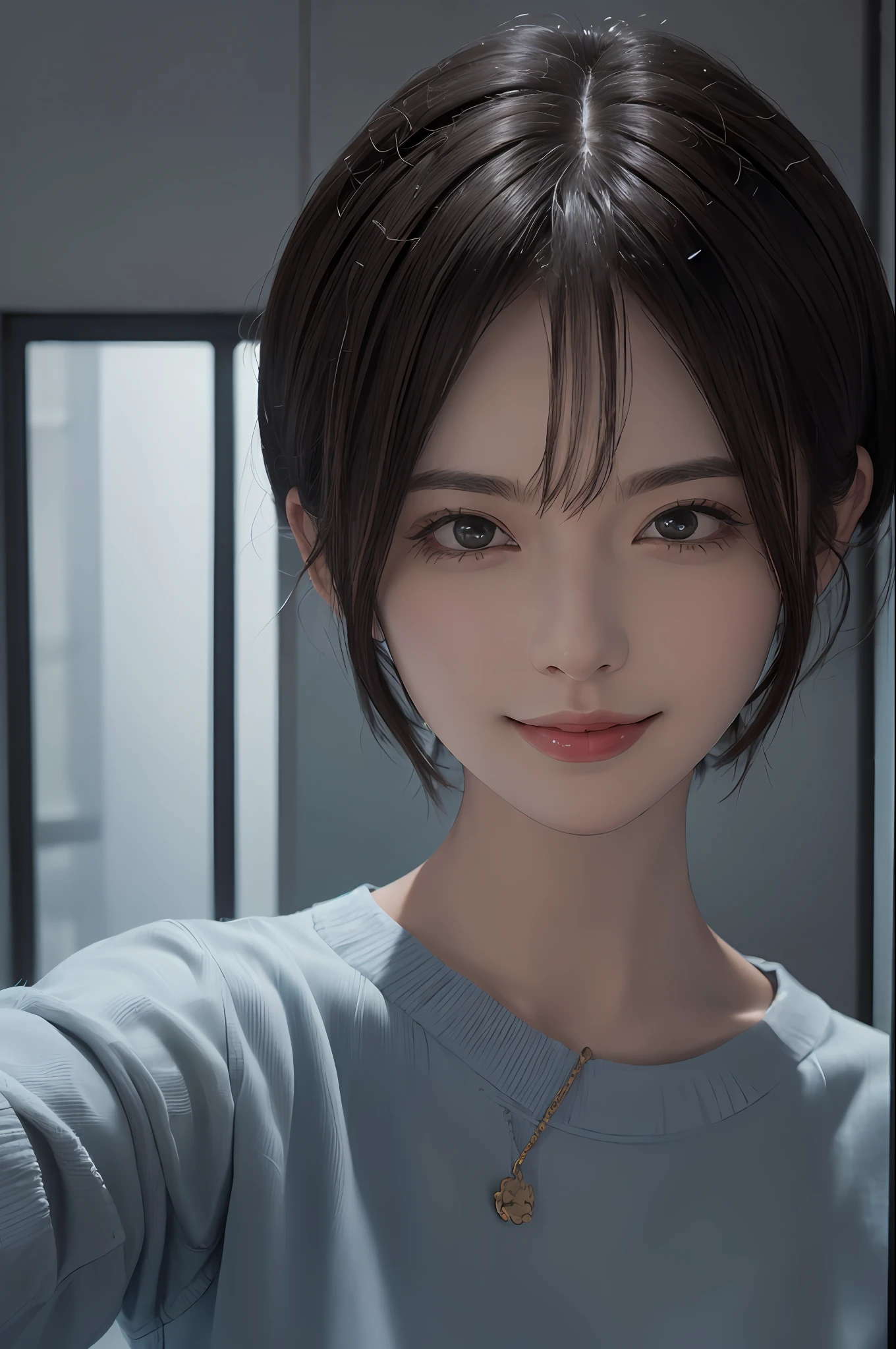 (masuter piece:1.3)、(8k、Photorealsitic、RAW Photography、top-quality: 1.4)、(1girl)、beautiful countenance、(lifelike face)、(A dark-haired、short-hair:1.3)、short beautiful hairstyle、realisticeyes、Beautiful details、(real looking skin)、Beautiful skins、(Sweaters)、absurderes、enticing、超A high resolution、A hyper-realistic、high-detail、the golden ratio、Close your mouth and smile a little happily、long neck、Look firmly at the camera