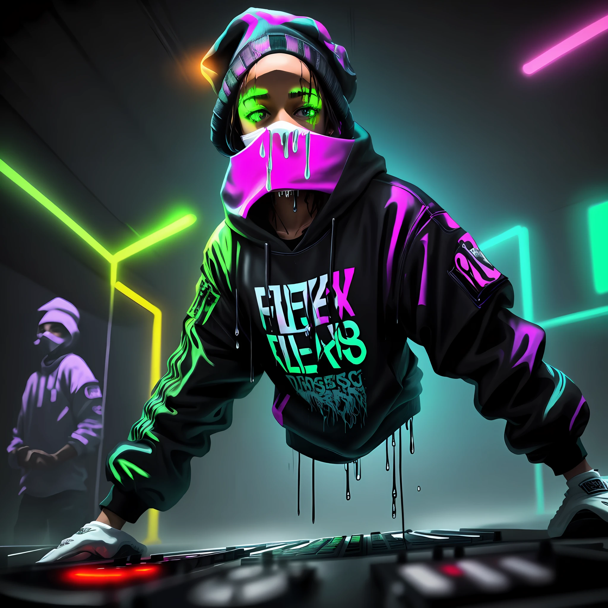dark forensic lab forensic scientist ghetto ignorant arrogant hardcore gangsta female rapper dj testing forensic breakdance moves dripping decks in glowing bright drippy neon gear neon outline of clothes