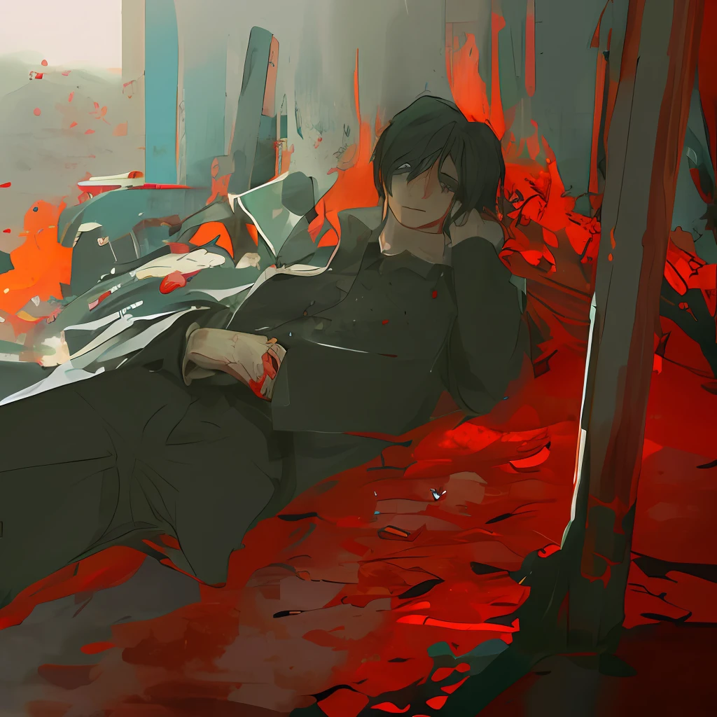 A man with black hair fell to the ground,His eyes were desperate,Blood was pouring out of him