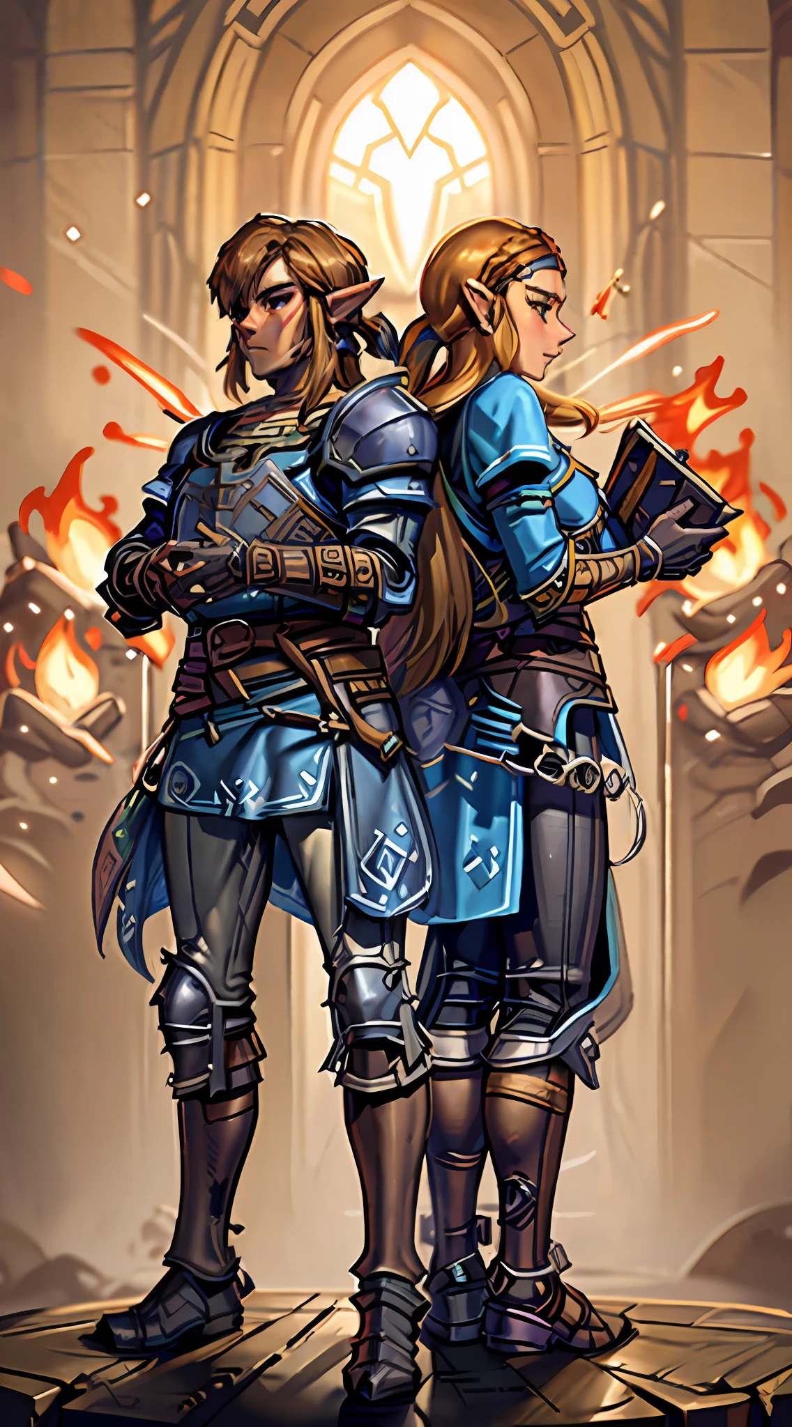 Botw Style, Botw Link and Botw Zelda, heavily armored, both wearing Blue Yellow and Brown heavy armor, both wearing heavy knight armor, girl and boy standing back-to-back, side view, Heavy armored suits, helmetless, golden brown hair, long hair, Heavily Armored knights, Zelda wearing heavy knight armor, Link wearing Knight armor