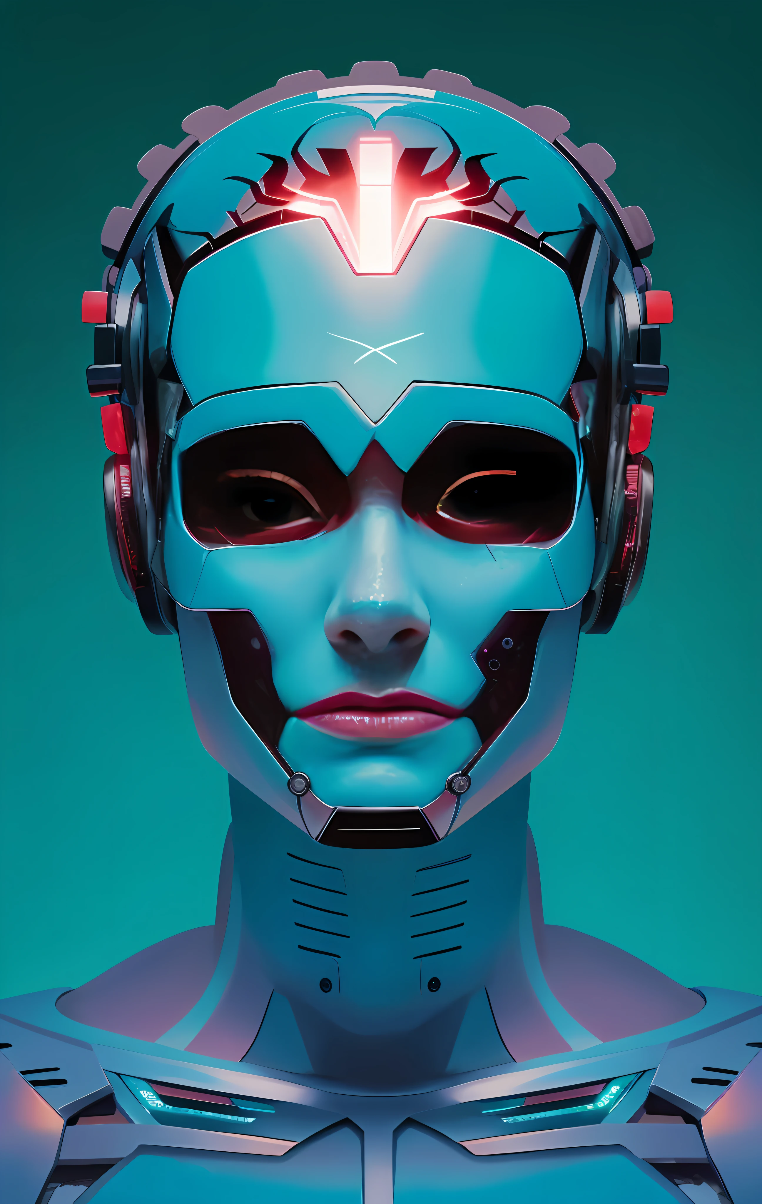 A closeup of a robot with headphones and bright eyes, Retrato de um androide feminino, Retrato do androide feminino, portrait of a futuristic robot, Retrato detalhado de um ciborgue, Retrato de um ciborgue, Retrato de um androide, mulher ciborgue, Retrato em close-up de Ciborgue, Cybernetic Machine Female Face, simetria!! Retrato de Ciborgue