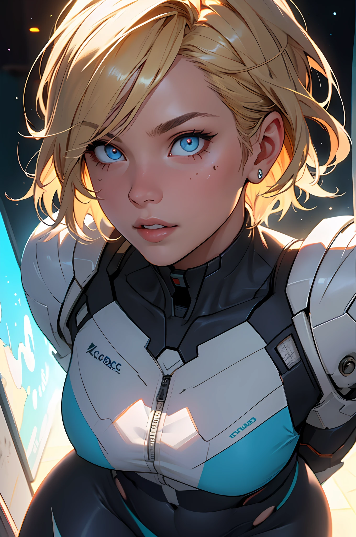 Highly detailed RAW color photo, beautiful young woman, short blonde hair, dynamic pose, (wide hips), (detailed skin), (detailed lips), (detailed eyes), (cosmic: 1.4), (necropolis: 1.1), (science fiction setting) (detailed face), (curvy), detailed eyes, chromatic aberration, depth of field, soft lighting, masterpiece, best quality, intricate, (lens reflection: 0.7), (flowering: 0.7), particle effects, ray tracing,  tone mapping, highly detailed, concept art, smooth, sharp focus, dramatic lighting, highly detailed art, cinematic, hyper-realistic painting, trending on Artstation, 8K, amazing shadows, realistic, (highly detailed background: 1.2), mid-journey art