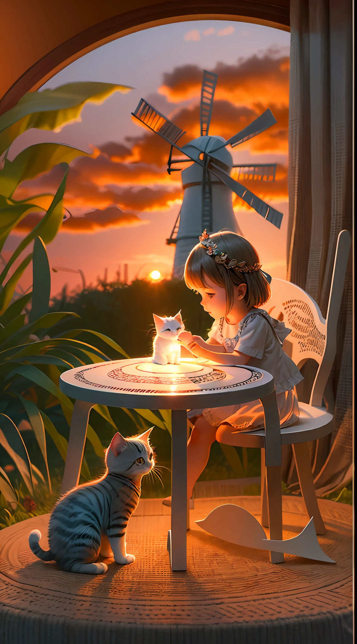illustration: 1.3), paper art, 3D rendering of, Little girl sitting on chair table with a kitten field sunset windmill, Best quality, Detailed details, Masterpiece, offcial art, movie light effect, 4K, Chiaroscuro , Flash