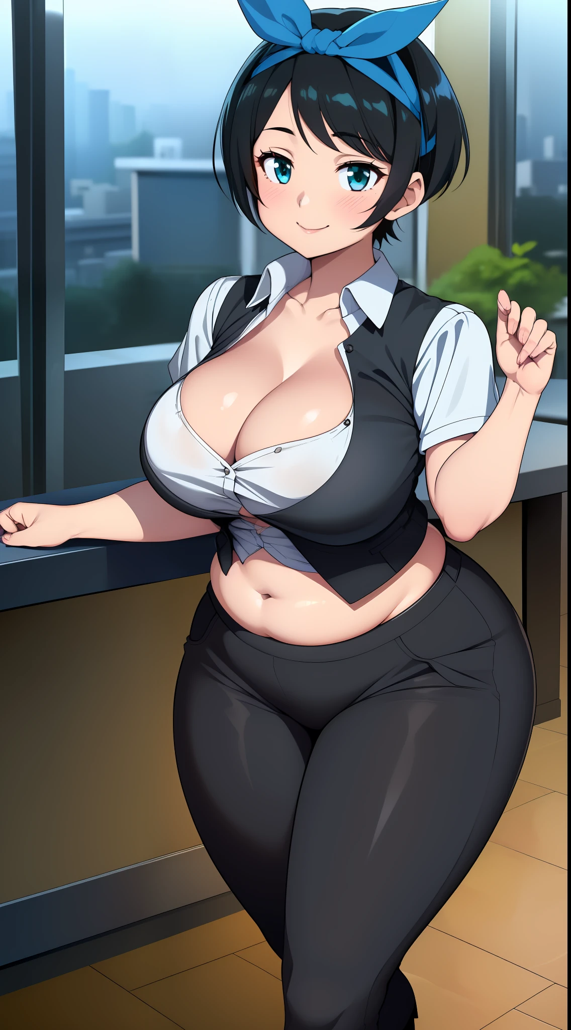 ((((kipteitei art)))), ((highres)),Masterpiece, high quality, best quality, beautiful, perfect lighting, detailed face, ultra cute face, ((1girl)), ((solo), ((((sarashina ruka)))), ((blue hairband)), dress shirt, black vest, black pants, work uniform, (tight clothes), black socks, loafers, looking at viewer, cowboy shot, sexy pose, sweet smile, cute, happy, blush, large breasts, cleavage, perky breasts, (wide hips), ((thick thighs)), pudgy, belly hang, (chubby female), working at movie theater,