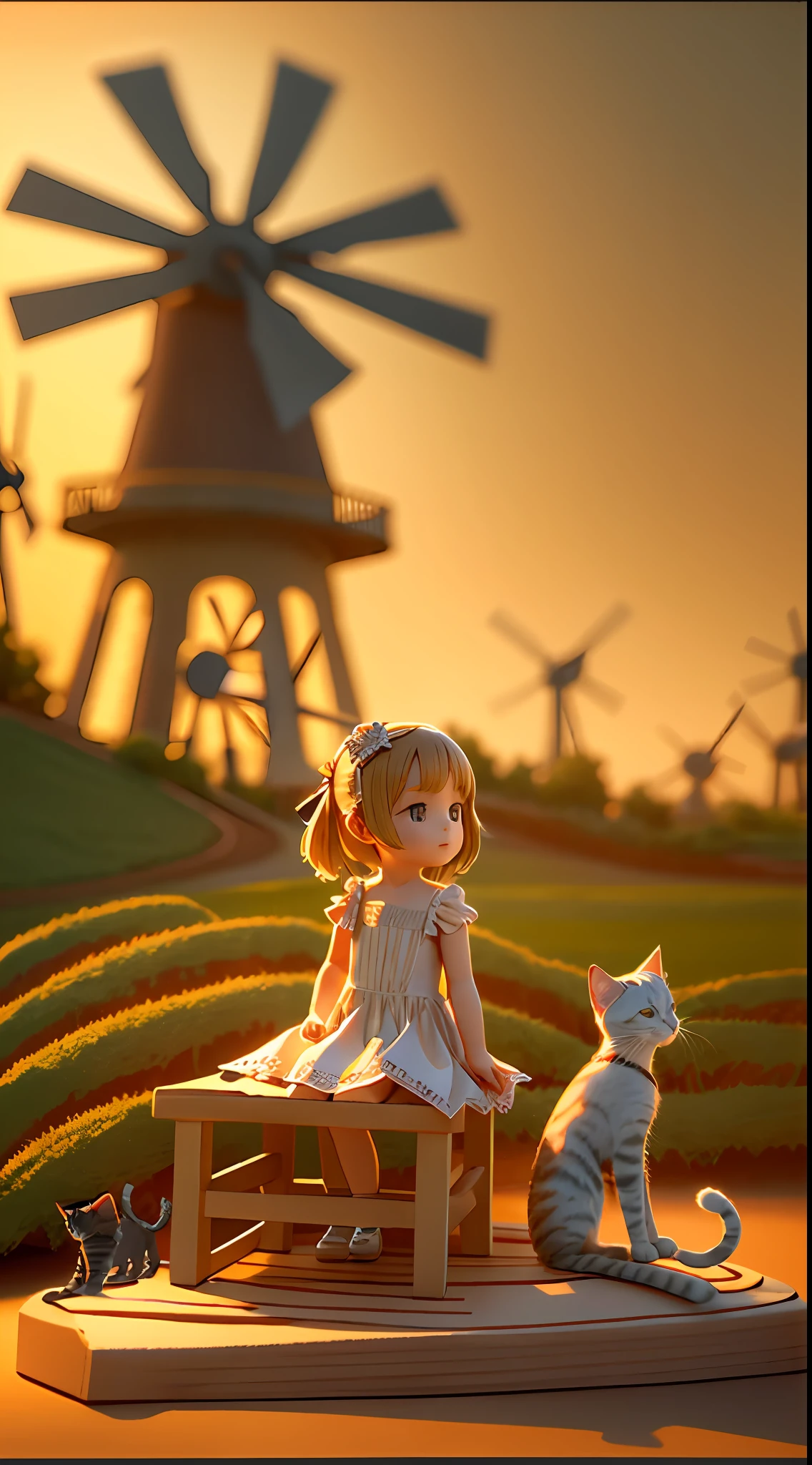 illustration: 1.3), paper art, 3D rendering of, sitting on chair table with a kitten field sunset windmill, Best quality, Detailed details, Masterpiece, offcial art, movie light effect, 4K, Chiaroscuro , Flash