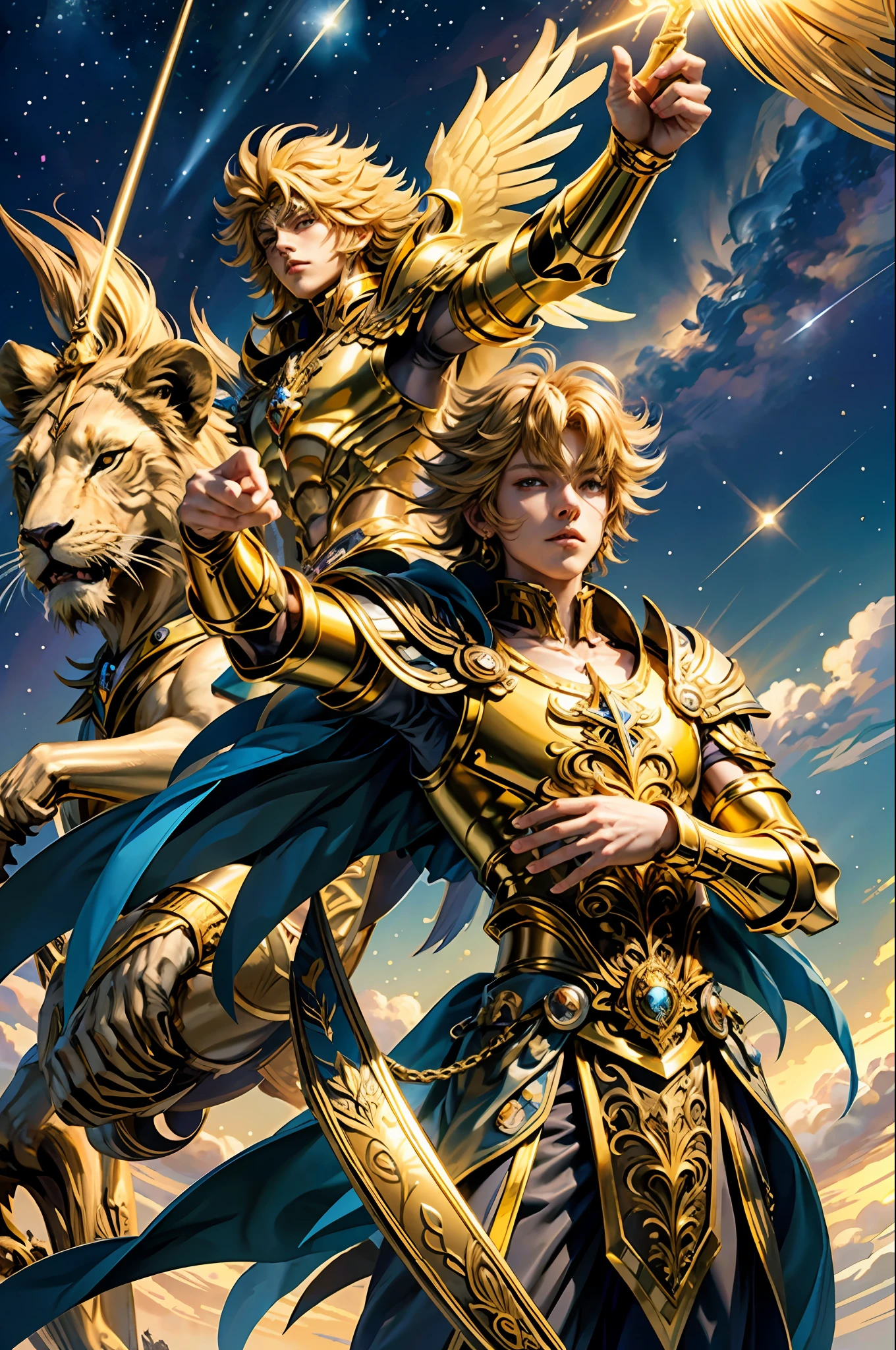 (tmasterpiece,top-quality,best qualityer,Use the magic golden Leo astrolabe,Yellow-haired people,Next to the lion,Knights of the Zodiac:Saint Seiya,llight rays,magical,sci-fy,dream magical,wings,ray of lights,Water magic,