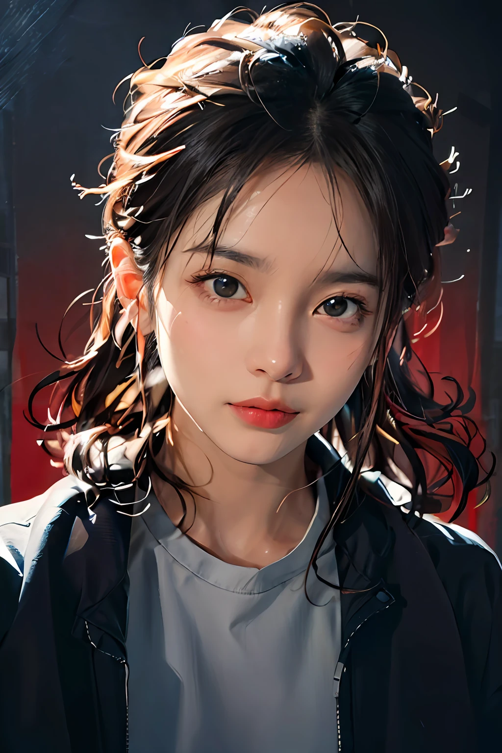 Close up of a woman in a jacket and black shirt, Stunning anime face portrait, Kawaii realistic portrait, Realistic cute girl painting, Guviz-style artwork, a beautiful anime portrait, gorgeous face portrait, high quality portrait, portrait cute-fine-face, Realistic. Cheng Yi, Soft portrait shot 8 K, 🤤 girl portrait