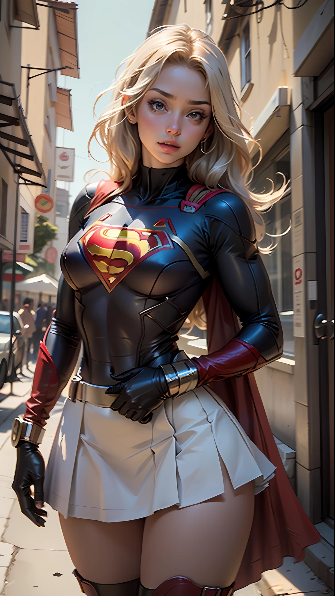 (Best quality, masterpiece, absurdo)),1girl:1.3, solo:1.3,Mulher bonita ,olhos expressivos azuis, mulher linda,cabelo longos loira, 21 anos, solo, 1girl,corpo ampulheta,huge breasts, corpo definido , vestindo cosplay superman(( bodysuit cosplay de Supergirl, skirt (cintura ate metade da coxa)supergirl, capa vermelha curta supergir)), cores vivas, 4k.