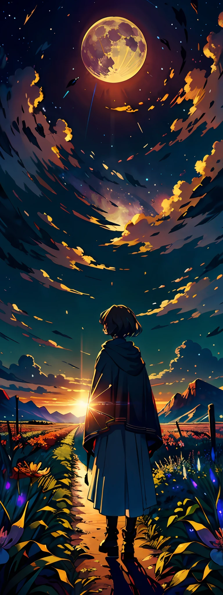 A wide landscape photo, (viewed from below, the sky is above, and the open field is below), a girl standing on a flower field looking up, (full moon: 1.2), (meteor: 0.9), (nebula: 1.3), distant mountains , Trees BREAK Crafting Art, (Warm Light: 1.2), (Firefly: 1.2), Lights, Lots of Purple and Orange, Intricate Details, Volumetric Lighting BREAK (Masterpiece: 1.2), (Best Quality), 4k, Ultra Detailed, (Dynamic Composition: 1.4), Rich in Detail and Color, (Rainbow Color: 1.2), (Glow, Atmospheric Lighting), Dreamy, Magical, (Solo: 1.2)