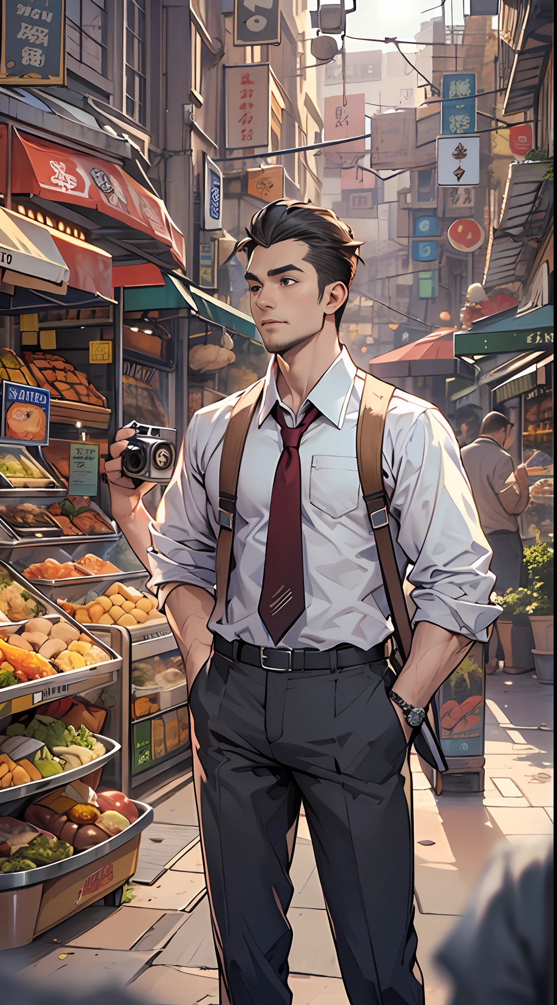A tall, Slightly plump, Handsome man with video camera,dressed in fashionable clothes,Stand on a busy food street, It is surrounded by various food stores and crowded streets. ,16k, Best quality, Masterpiece, Super detail, High details