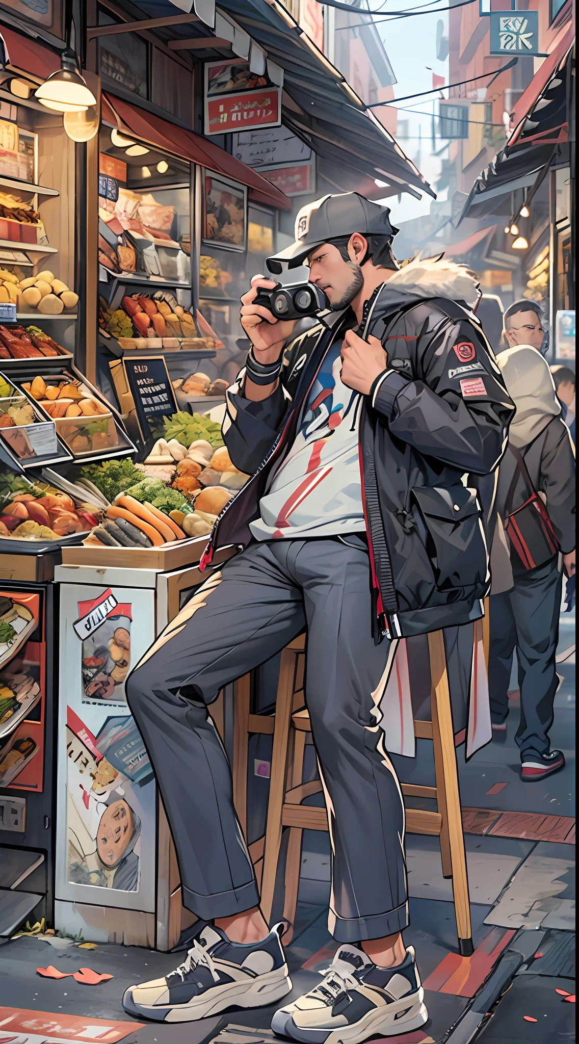 A tall, Slightly plump, Handsome man with video camera,dressed in fashionable clothes,Stand on a busy food street, It is surrounded by various food stores and crowded streets. ,16k, Best quality, Masterpiece, Super detail, High details