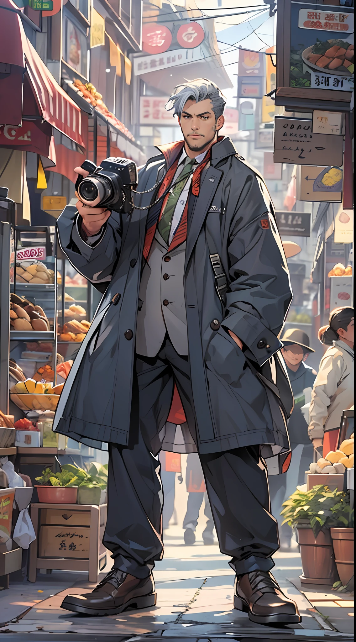 A tall, Slightly plump, Handsome man with video camera,dressed in fashionable clothes,Stand on a busy food street, It is surrounded by various food stores and crowded streets. ,16k, Best quality, Masterpiece, Super detail, High details
