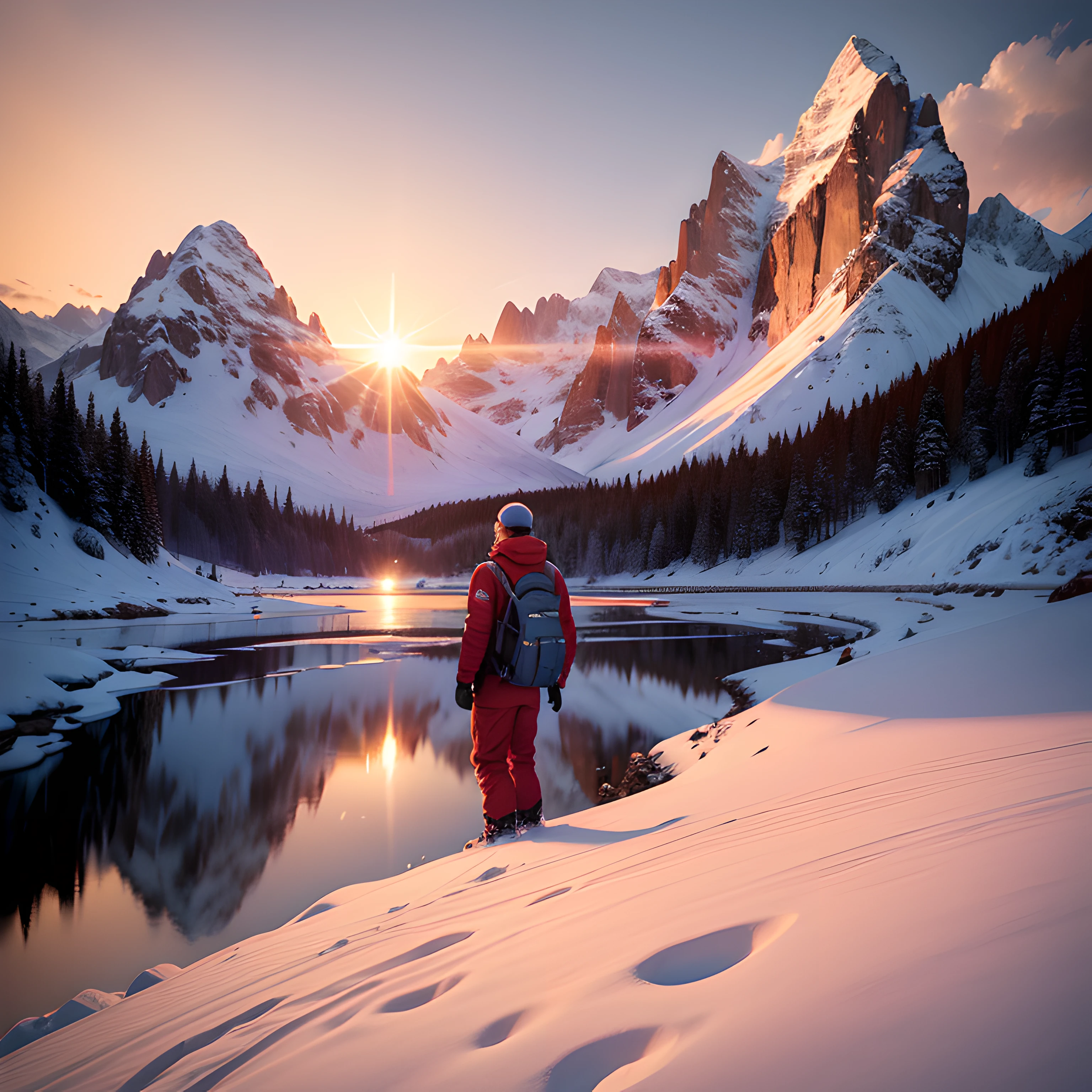 A snow-capped mountain range, a glistening lake nestled among the peaks, and tall pine trees surrounding the serene landscape. At the edge of the lake, a man stands with his back to the viewer, dressed in vibrant red and white skiing attire, ready to embrace the sunrise. The sun begins to rise on the horizon, casting a warm golden glow over the snowy peaks. The vastness of the landscape is captured in a sweeping cinematic shot with a wide-angle lens, enhancing the immersive experience. The image is of superrealistic 16k quality, showcasing every intricate detail of the majestic mountainous scene. --auto