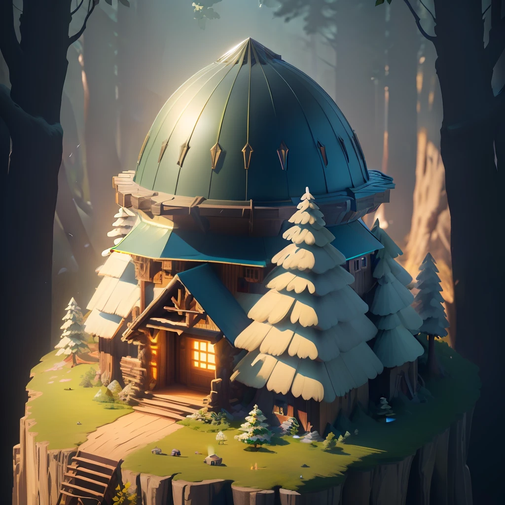 Masterpiece, Best quality, (Extremely detailed Cg Unity 8K wallpaper), (Best quality), (Best Illustration), (Best shadow),Forest hut in the shape of a medieval helmet, Isometric 3D, rendering by octane,Ray tracing,Ultra detailed