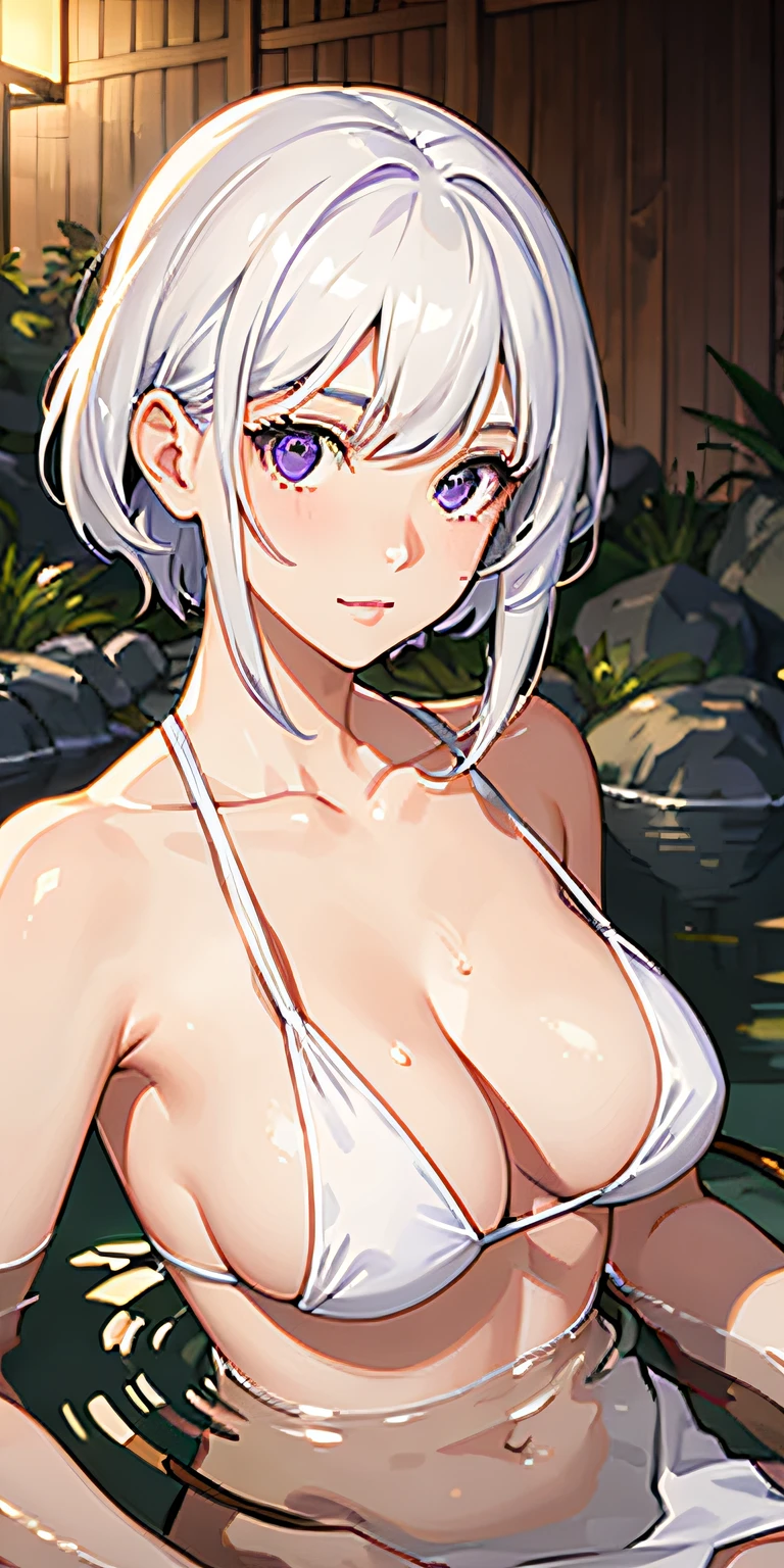 1girl, white hair, purple eyes, portrait, realistic, towel, (onsen), sidelighting, wallpaper, nsfw,