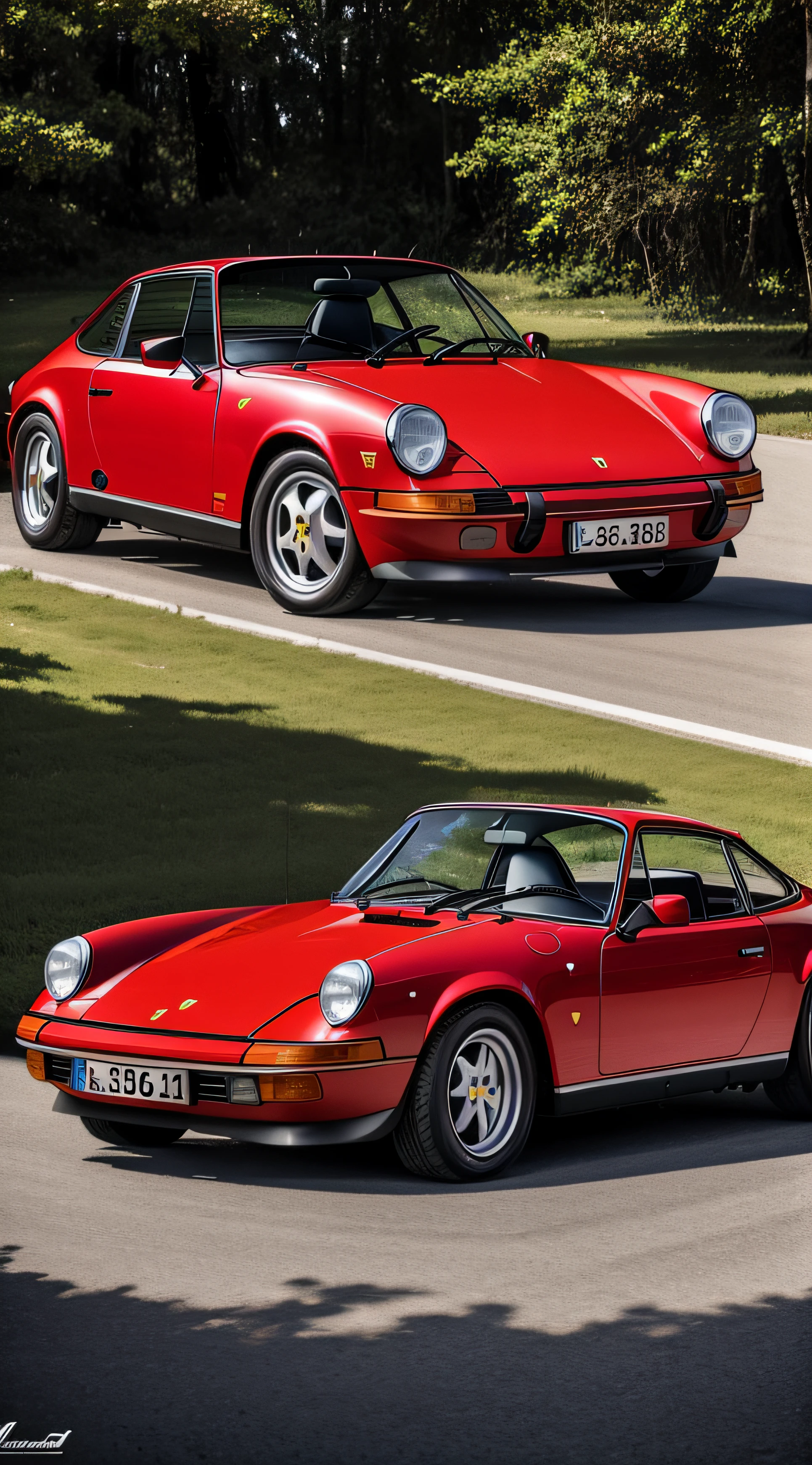 Uma foto de um Porsche 914 vermelho ferrari em uma moldura emoldurada a ouro em uma parede branca --auto