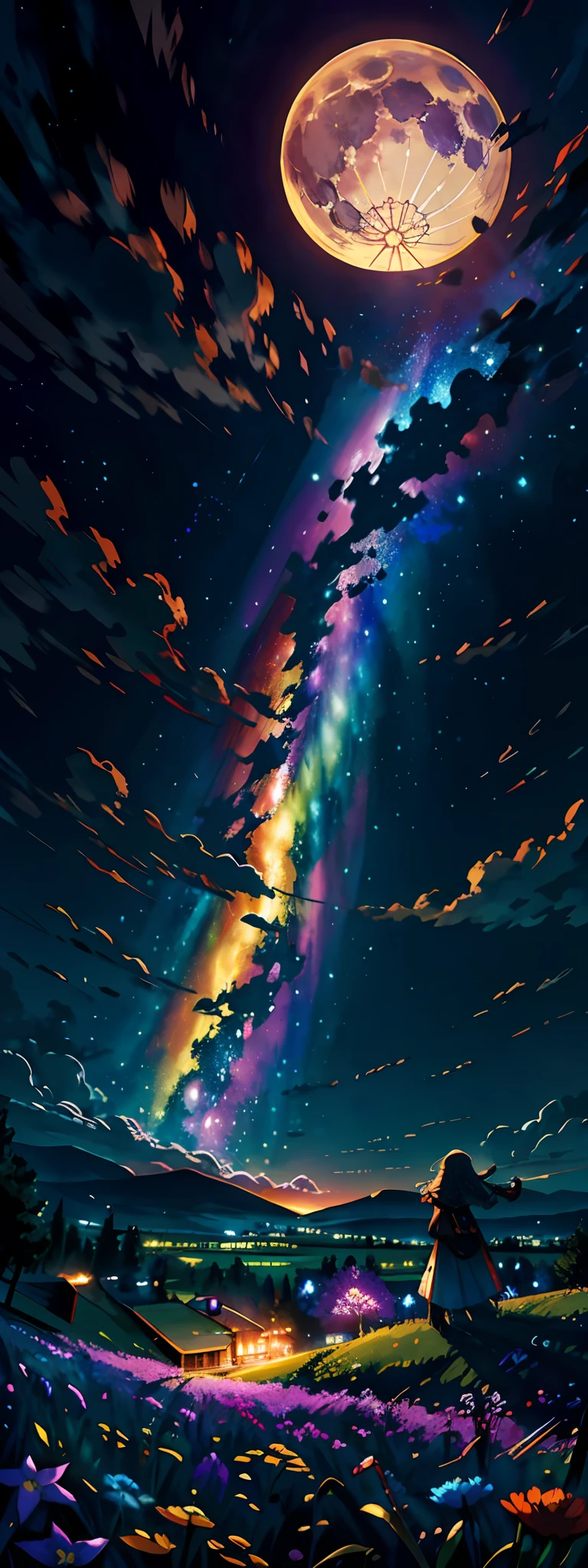 A wide landscape photo, (viewed from below, the sky is above, and the open field is below), a girl standing on a flower field looking up, (full moon: 1.2), (meteor: 0.9), (nebula: 1.3), distant mountains , Trees BREAK Crafting Art, (Warm Light: 1.2), (Firefly: 1.2), Lights, Lots of Purple and Orange, Intricate Details, Volumetric Lighting BREAK (Masterpiece: 1.2), (Best Quality), 4k, Ultra Detailed, (Dynamic Composition: 1.4), Rich in Detail and Color, (Rainbow Color: 1.2), (Glow, Atmospheric Lighting), Dreamy, Magical, (Solo: 1.2)