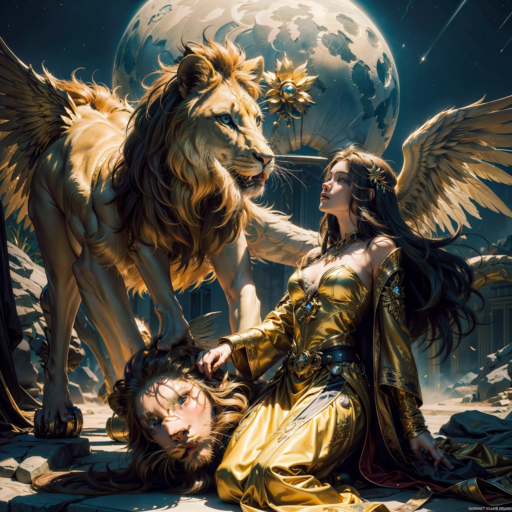 Very detailed CG 8k wallpaper,tmasterpiece,best qualtiy,ultra - detailed,beatiful detailed eyes:1.2),best illuminate,(Best shadow,Extremely delicate and beautiful flowers),Western mythological creatures,Magic Golden Leo,Astrolabe,Yellow-haired people,Next to a winged lion,