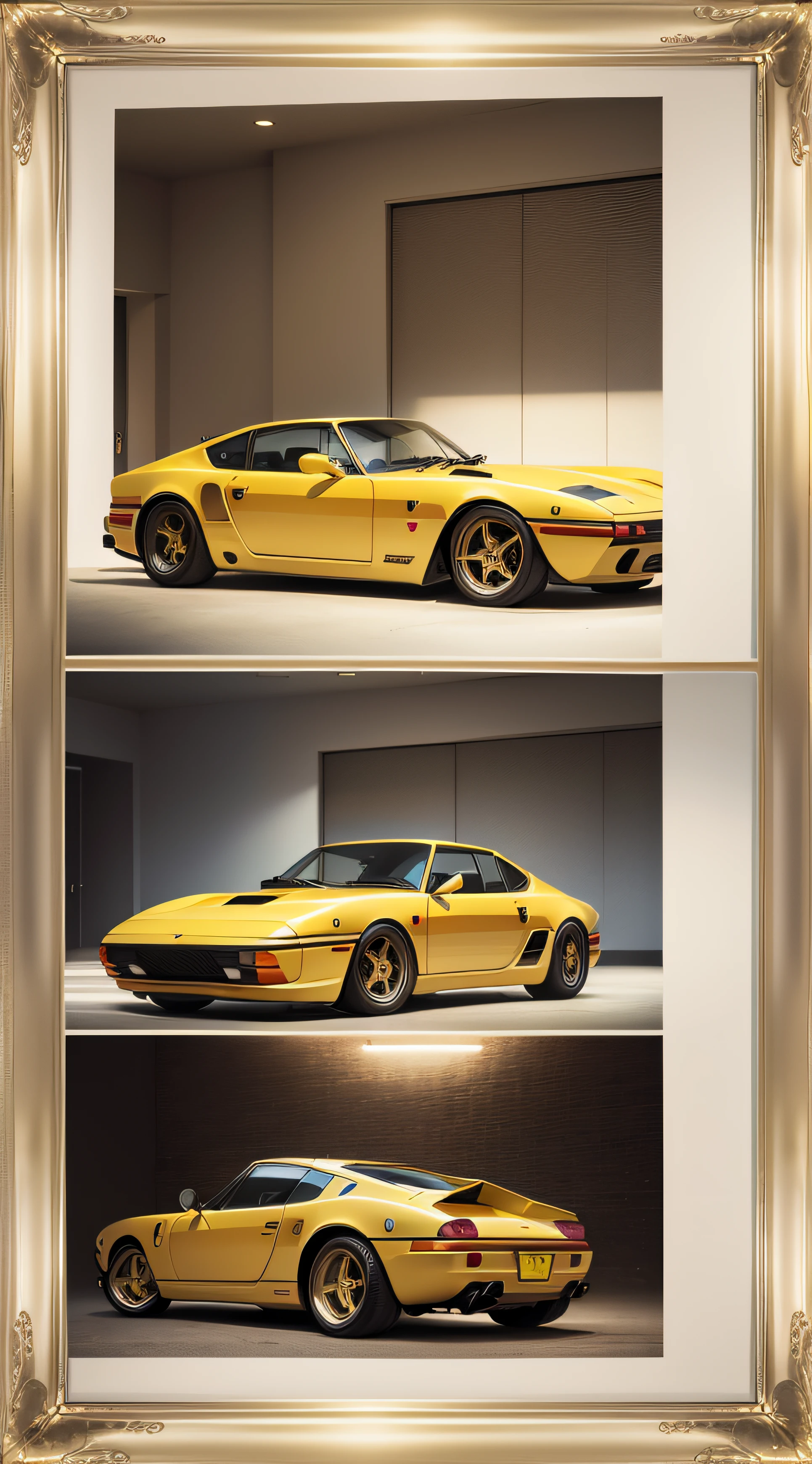 A photo of a ferrari colored porsche 914 in a gold framed frame on a white wall --auto