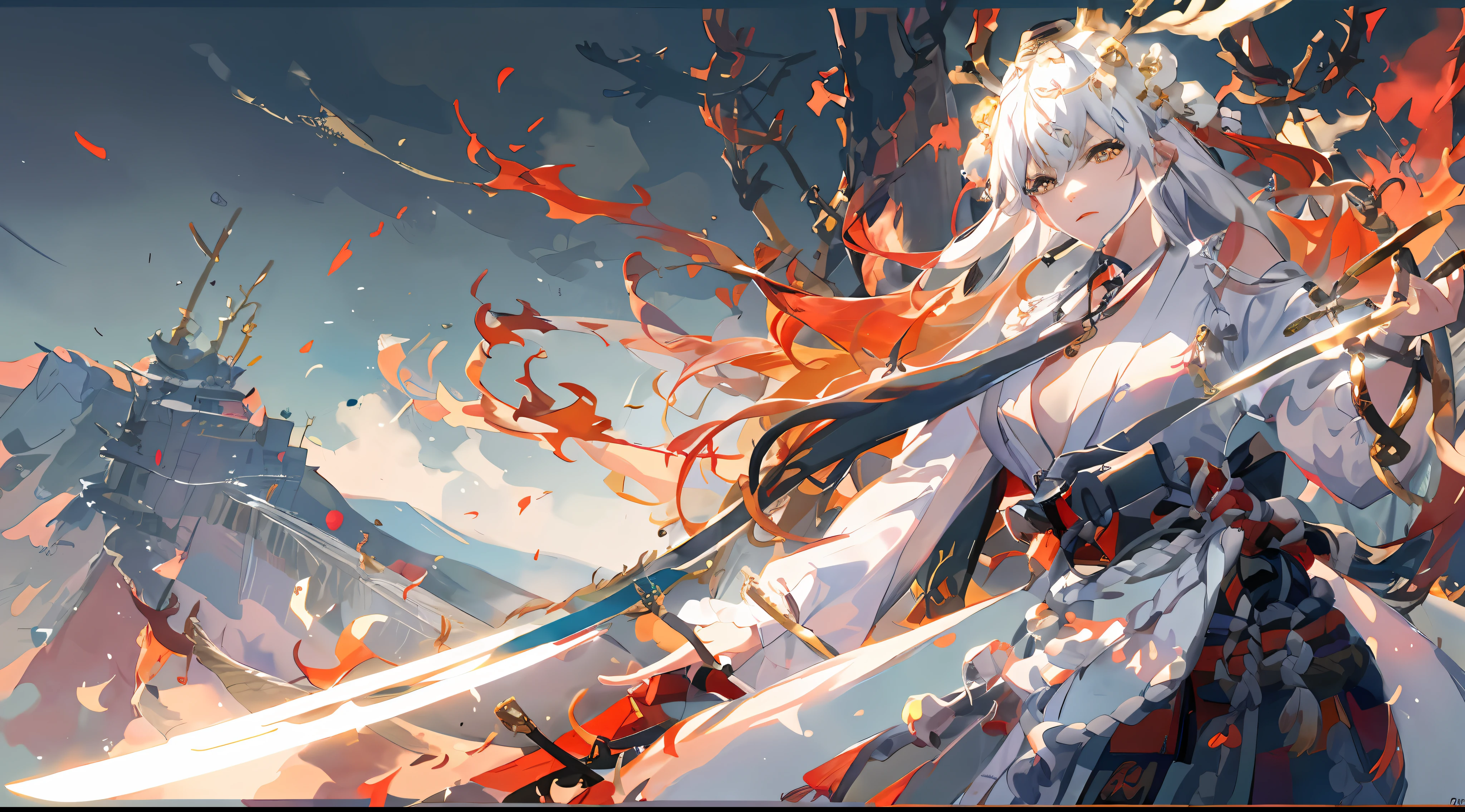 ultra 8k CG, aquarelle, Picture-perfect face, Flawless, Clean, Masterpiece, Professional artwork, Famous artwork, Cinematic lighting, Cinematic bloom, 1 adult, full bodyesbian, White hair, (Colorful suits:1.5), scabbard, (holdingsword:1.3), unsheathed, (At the summit:1.5), Dragon, (holdingsword:1.3), ((Dramatic lighting)),Sharp focus, open kimono, Fancy trench coat,Fighting ,Colorful background, Flame