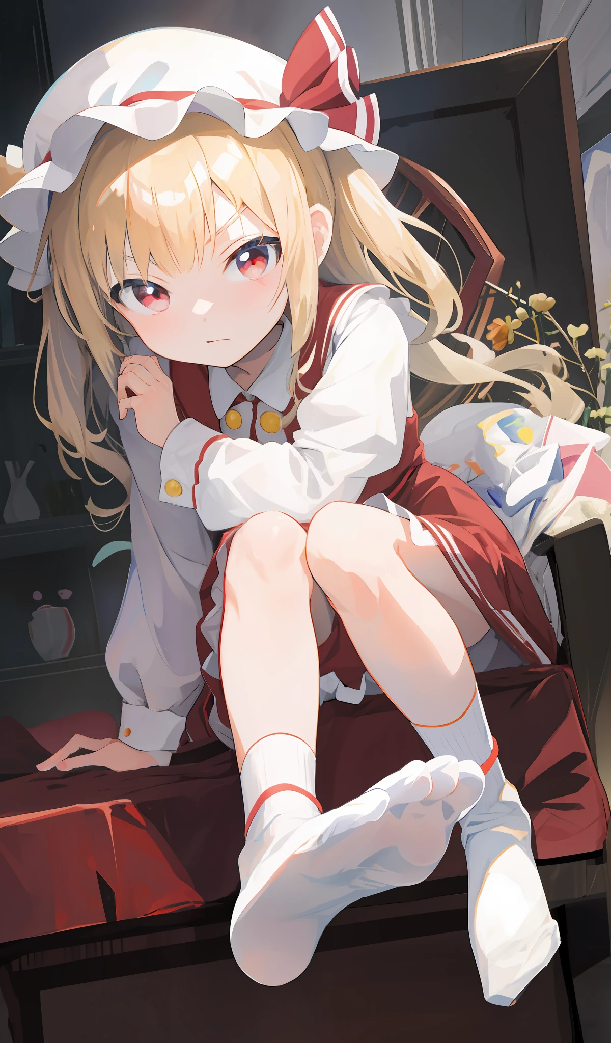Anime girl sitting in chair,Legs crossed, Splash art anime , lolidress, small curvaceous loli, thime girl is crouching, anime visual of a cute girl, anime girl in a maid costume, small loli girl, canime waifu in a nice dress, A scene from the《azur lane》videogame, Loli, An anime c