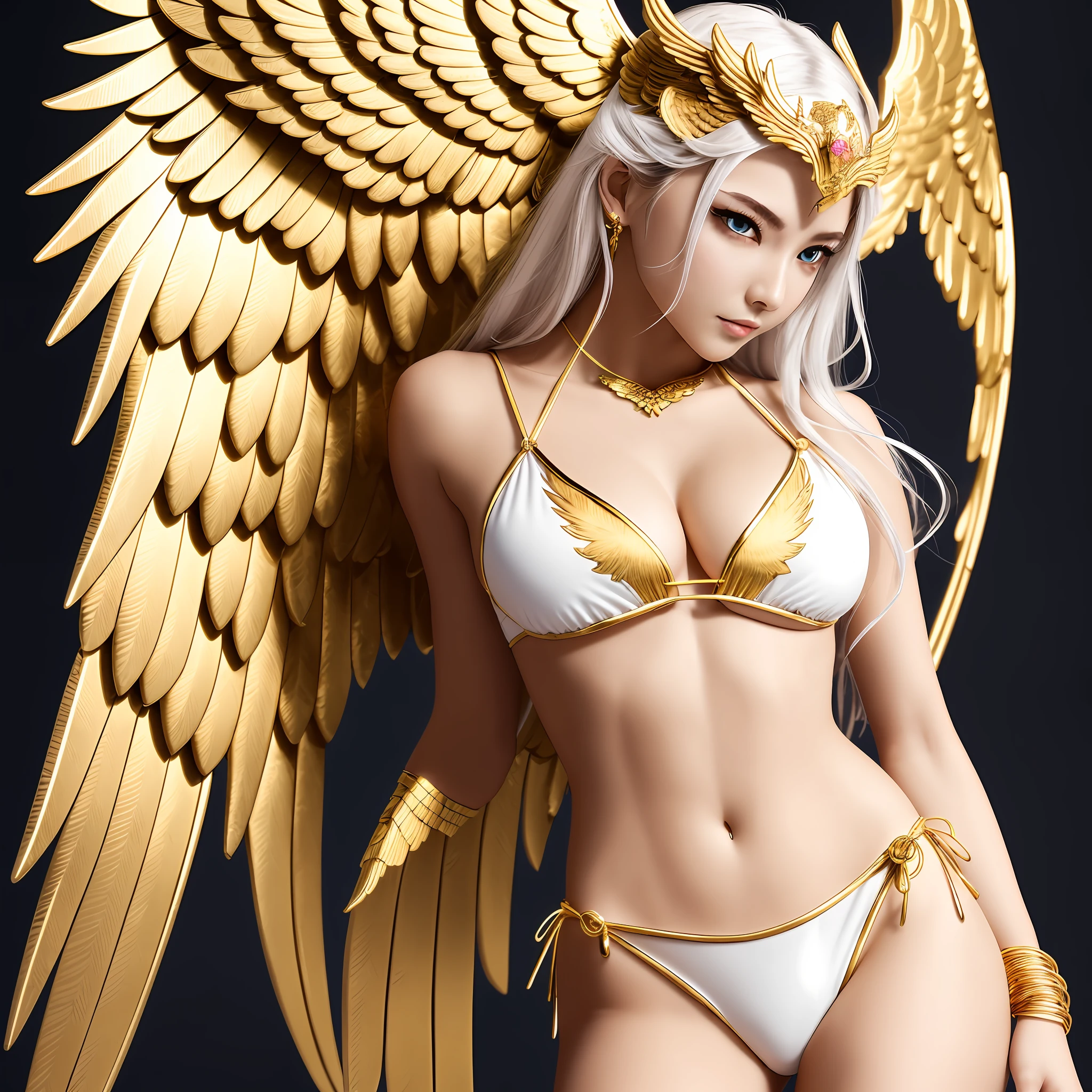 tmasterpiece!Valhalla's beautiful maiden Valkyrie,She has golden wings,Wearing a white bikini,Above it is embroidered with gold wire writing phoenix。full bodyesbian。Real people,Delicate faces。The lighting effects are soft,超高分辨率,Ultra-clear picture quality warm colors。 --a --auto