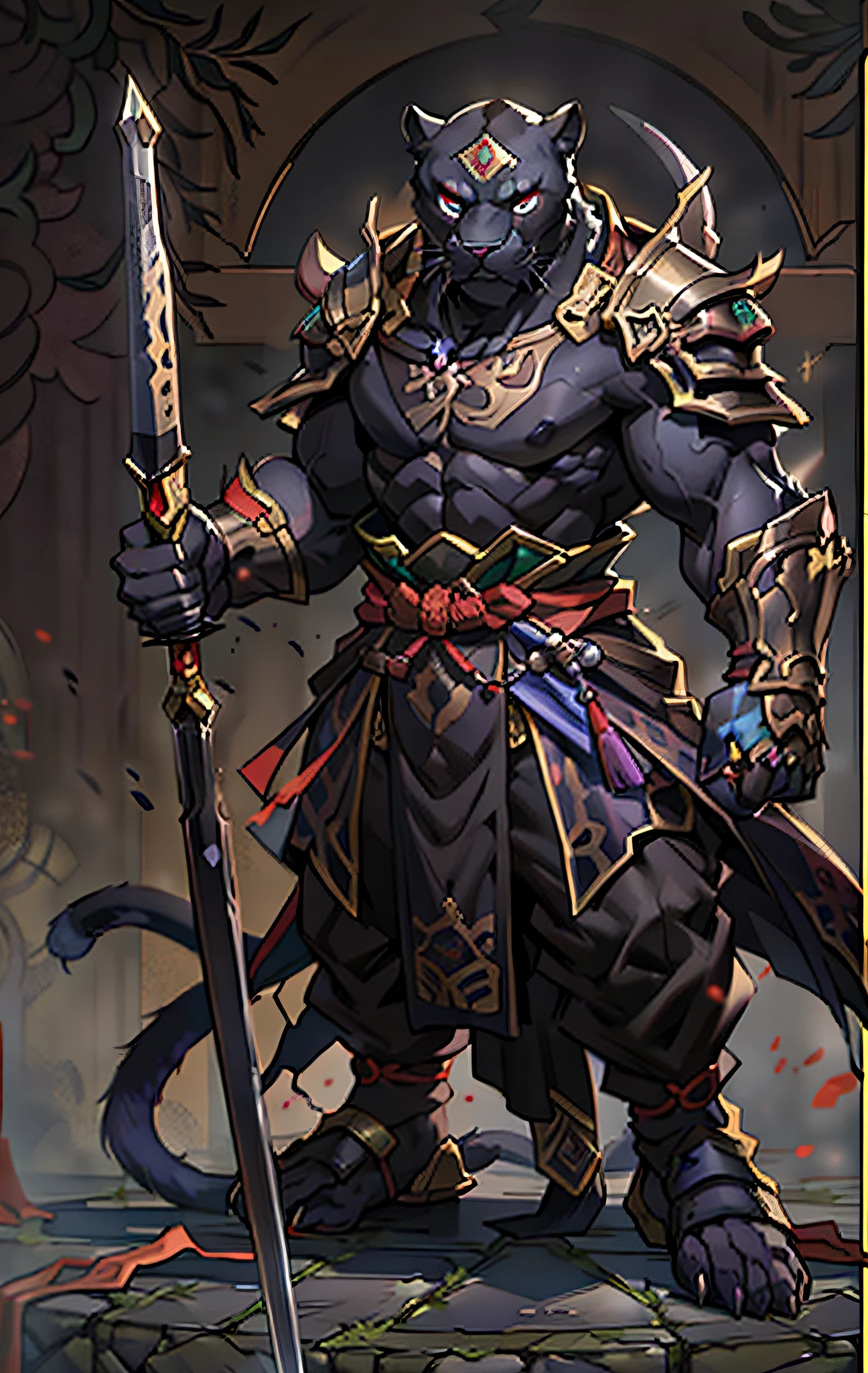 Panther Warrior, Full body like，Close-up of Panther warrior holding a sword in the city, Determined eyes，Fierce，Akira in Chinese mythology, an epic majestical degen trader, bian lian, by Yang J, Chinese Warrior, Anthropomorphic Black Panther, Son Goku, cgsociety and fenghua zhong, inspired by Li Kan, epic samurai warrrior, Panther Warrior, Black tattered cloak，Armour，Full body standing painting，Fantasy setting, character concept, character art, Character portrait, Cartoon, Best quality, Best resolution, 4K, Vivid colors, Vivid, High detail, best detail, confident pose, extrovert, look from down,