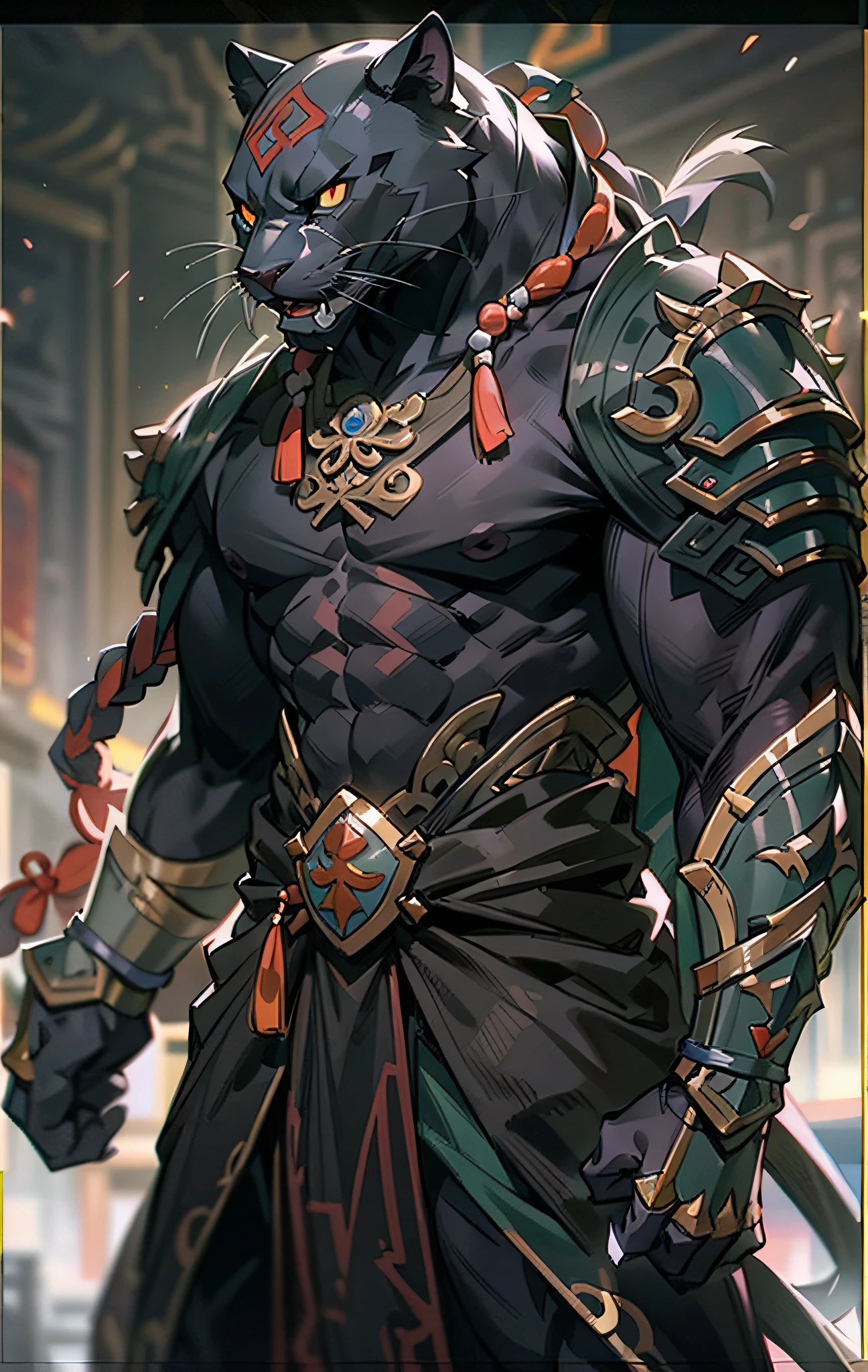 Panther Warrior, Full body like，Close-up of Panther warrior holding a sword in the city, Determined eyes，Fierce，Akira in Chinese mythology, an epic majestical degen trader, bian lian, by Yang J, Chinese Warrior, Anthropomorphic Black Panther, Son Goku, cgsociety and fenghua zhong, inspired by Li Kan, epic samurai warrrior, Panther Warrior, Black tattered cloak，Armour，Full body standing painting，Fantasy setting, character concept, character art, Character portrait, Cartoon, Best quality, Best resolution, 4K, Vivid colors, Vivid, High detail, best detail, confident pose, extrovert, look from down,