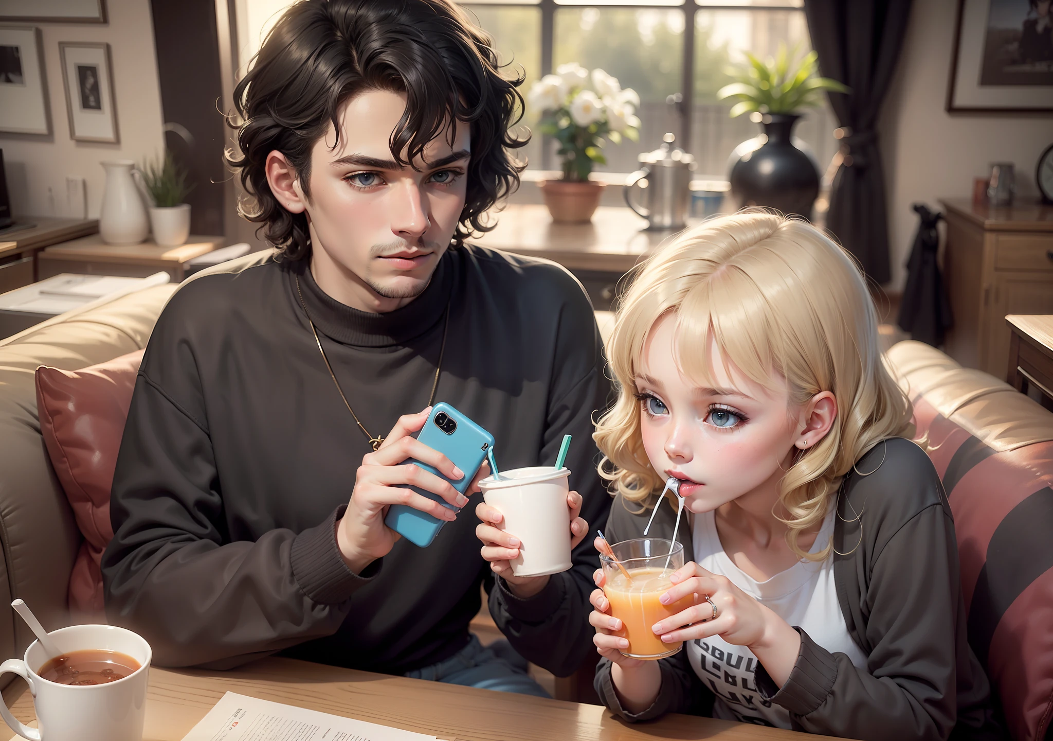 a woman is wearing a long black dress she has white skin blue eyes she is using a cell phone and is eating a snack with juice the juice this in a glass Starbucks purple she was with her husband he has brown eyes he is wearing a black sweatshirt and a black sweatpants he has short curly hair the woman wore short red hair she is with her daughter the daughter is wearing a long black dress she has white skin blue eyes she wore dark blonde curly hair she is with her brother he has short black curly hair he has brown eyes and wore a black sweatshirt a black jeans and wore a cell phone all they are in the family home the house and a mansion with modern and elegant decoration