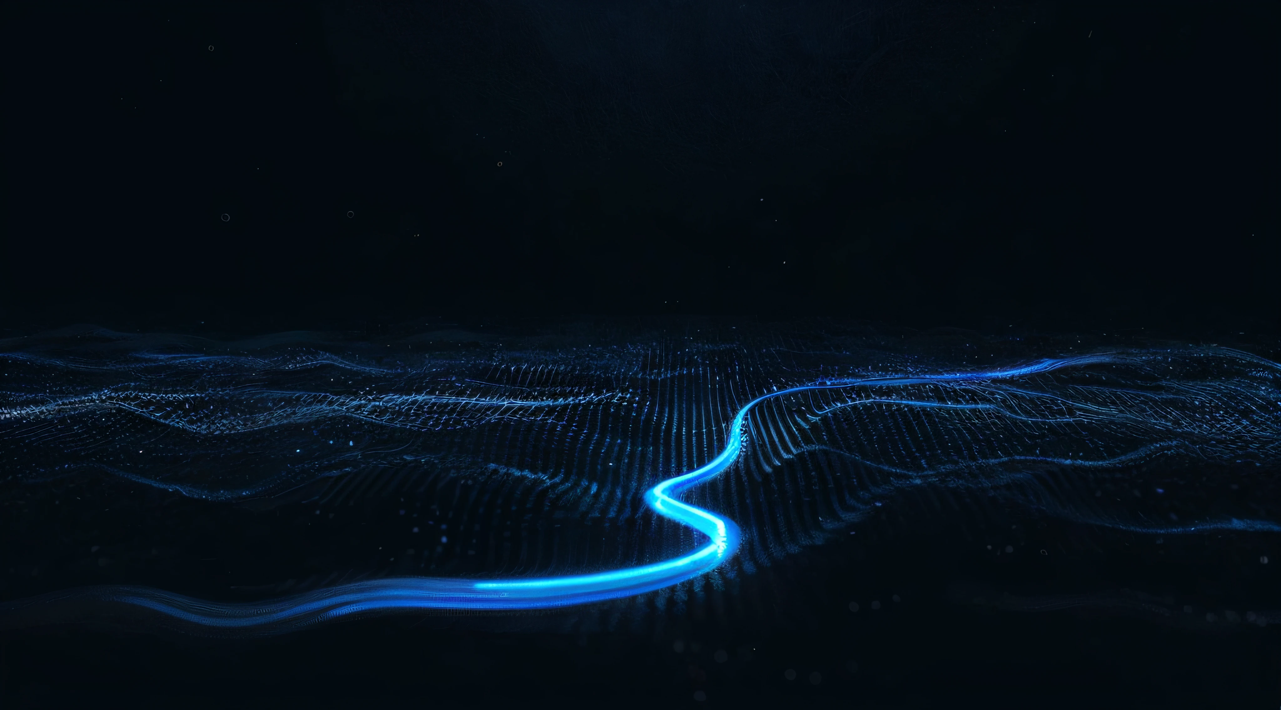 Alpha image of blue streamer in dark room, glowing tiny blue lines, Data streams or rivers, particle waves, waves and particles, interacte smooth flowing lines, wave of water particles, glowing lines, liquid simulation background, 3 d fluid simulation render, particle sim, Glowing blue veins, neon glowing lines, Rendered in Cinema4D