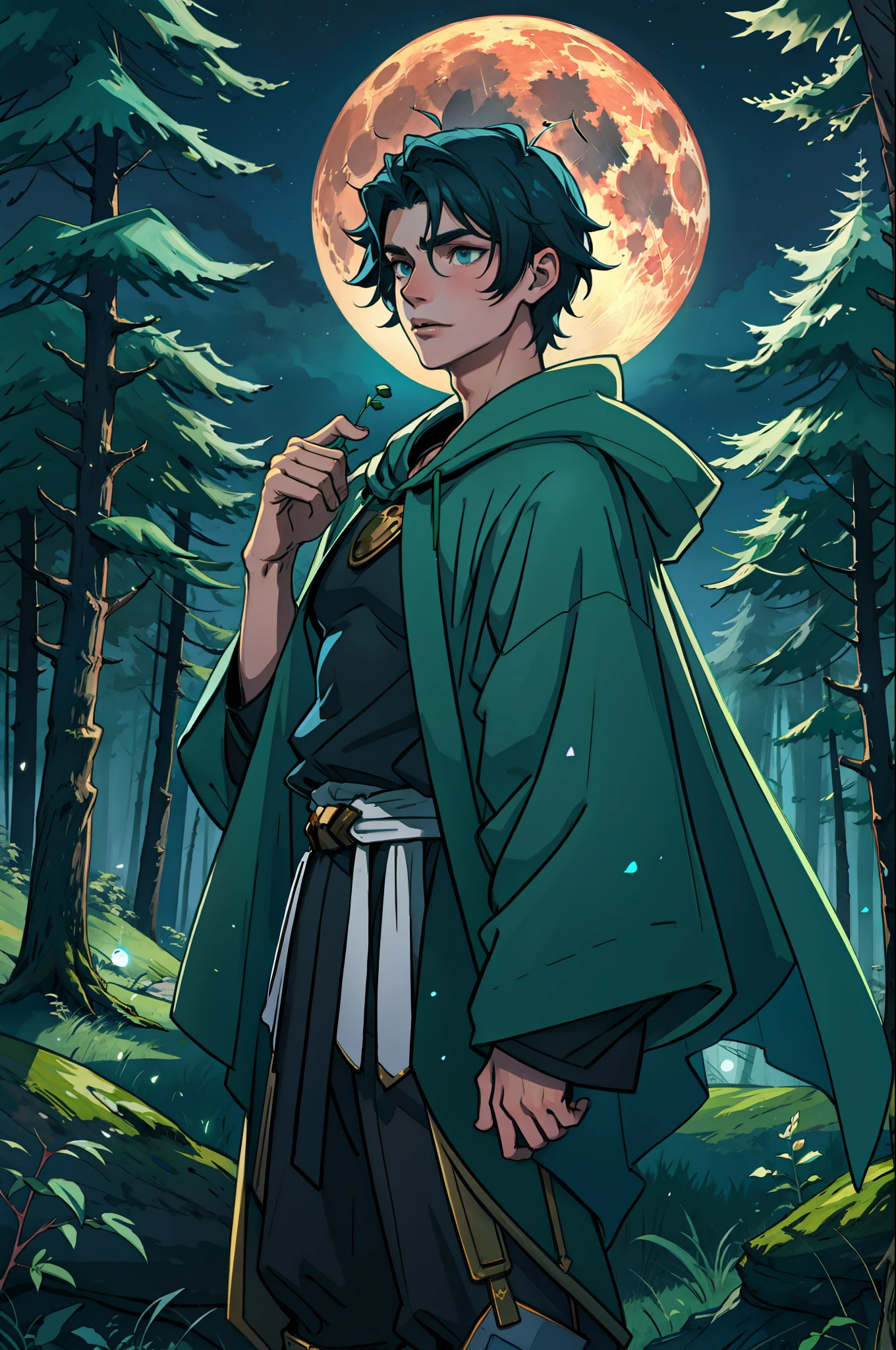 digital artwork of androgynous male fantasy character in the woods on a full moon night