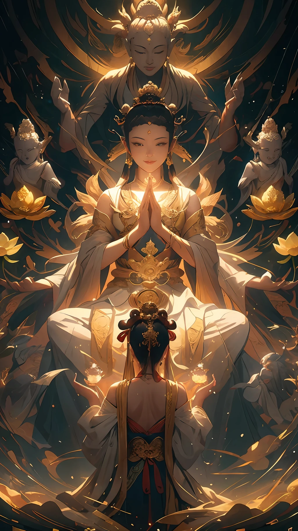 (Chinese immortals), (Buddhism), multiple_Hands,(mythological stories), (bodhisattva), The bodhisattva sits on a lotus, Countless pairs of hands grew from her back, Each hand holds a different Buddhist vessel, (Delicate and beautiful face), (White silk robe)sitting on a lotus flower, Light smile, neo-classical, OP Art, Chiaroscuro, Cinematic lighting, god light, Ray tracing, character sheets, projected inset, first person perspective, hyper HD, Masterpiece, ccurate, Textured skin, Super detail, High details, High quality, Award-Awarded, Best quality, A high resolution, 8K