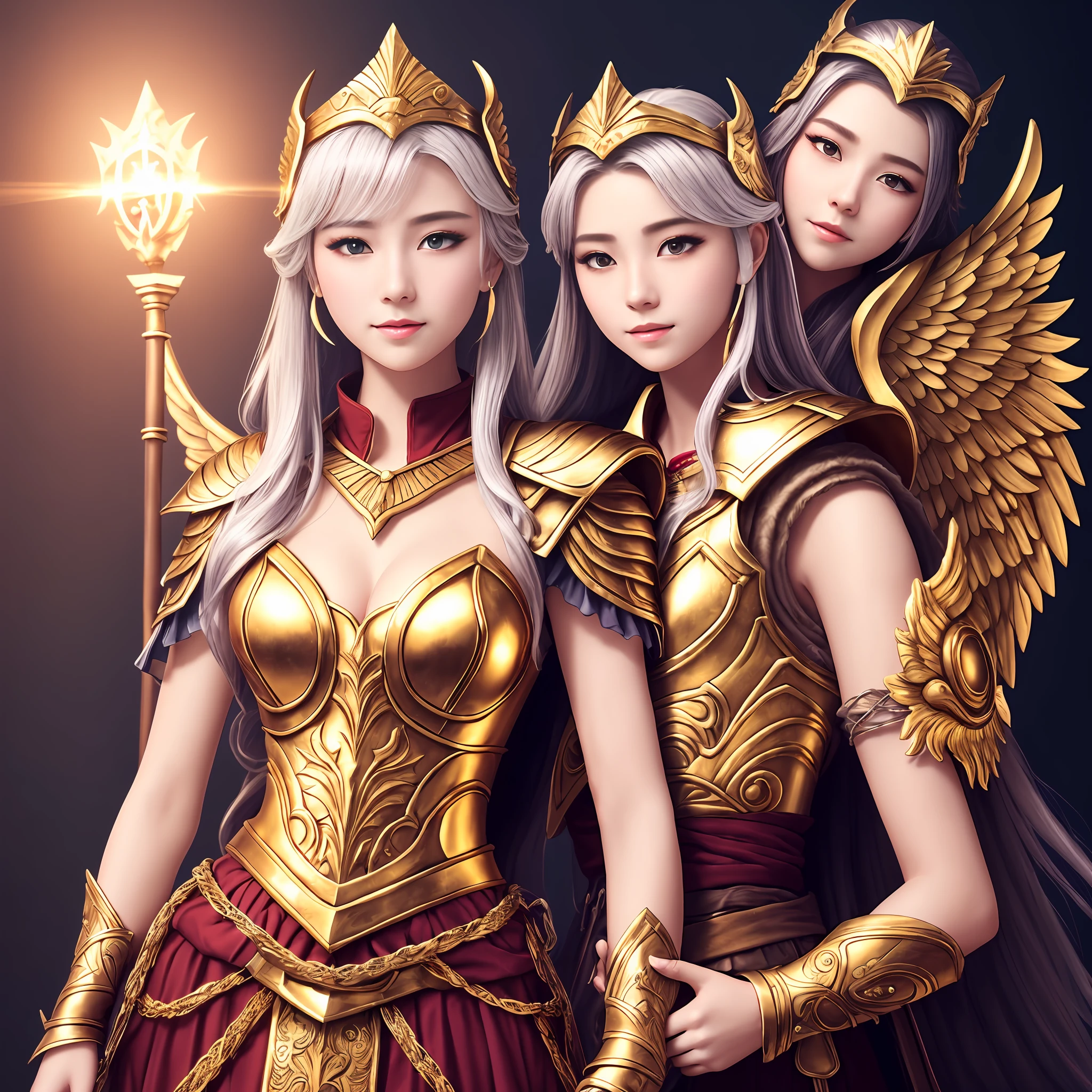 Beautiful maiden princess of Valhalla,Holding the handsome paladin,She has golden wings,Dressed in white。Gold wire embroidery。full bodyesbian。Real people effect,Delicate faces。The lighting effects are soft,a warm color palette。 --a --auto