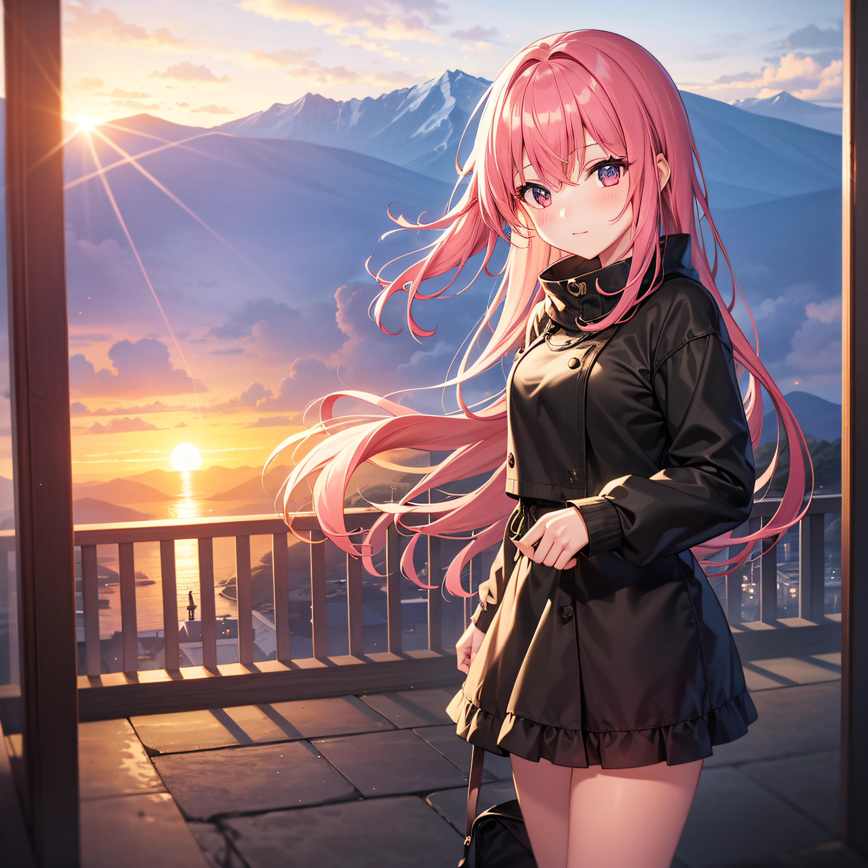 1girl in,Pink hair,Summit of Mt、sunrises