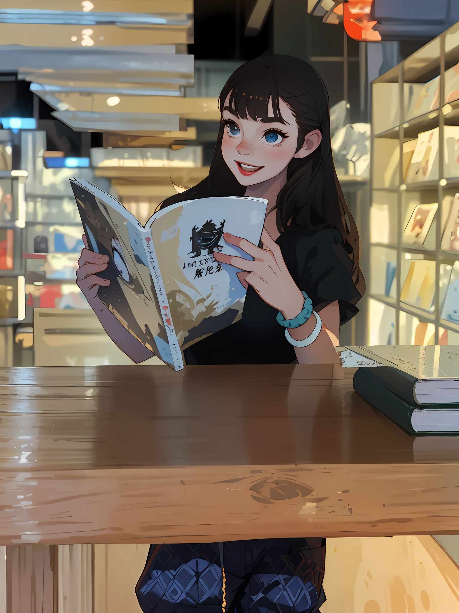 （Best quality at best，tmasterpiece），1个Giant Breast Girl，ssmile，big laughter，Short top，shorter pants，blond hairbl，freckle，Be red in the face，Warmth，Cream wind，brightly，Handsome，looking at book，Hand redraw