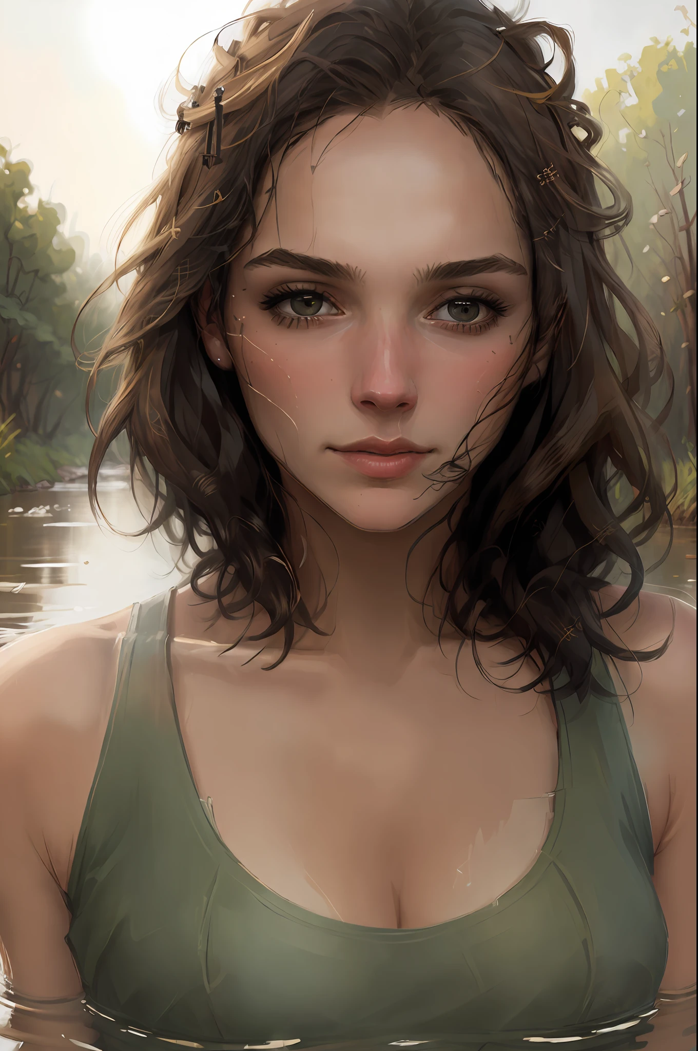 close up portrait of a cute woman (gldot) bathing in a river, reeds, (backlighting), realistic, masterpiece, highest quality, lens flare, shade, bloom, [[chromatic aberration]], by Jeremy Lipking, by Antonio J. Manzanedo, digital painting,