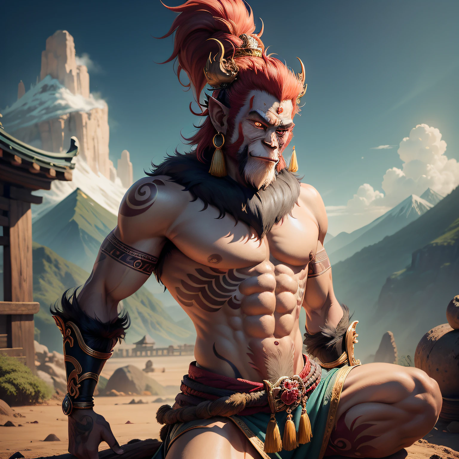 The Monkey King in Journey to the West,There is a tattoo on the chest,The tattoo content is::Wukong,stifled laugh, Fuji colors, in a panoramic view, A high resolution, Best quality ,8K