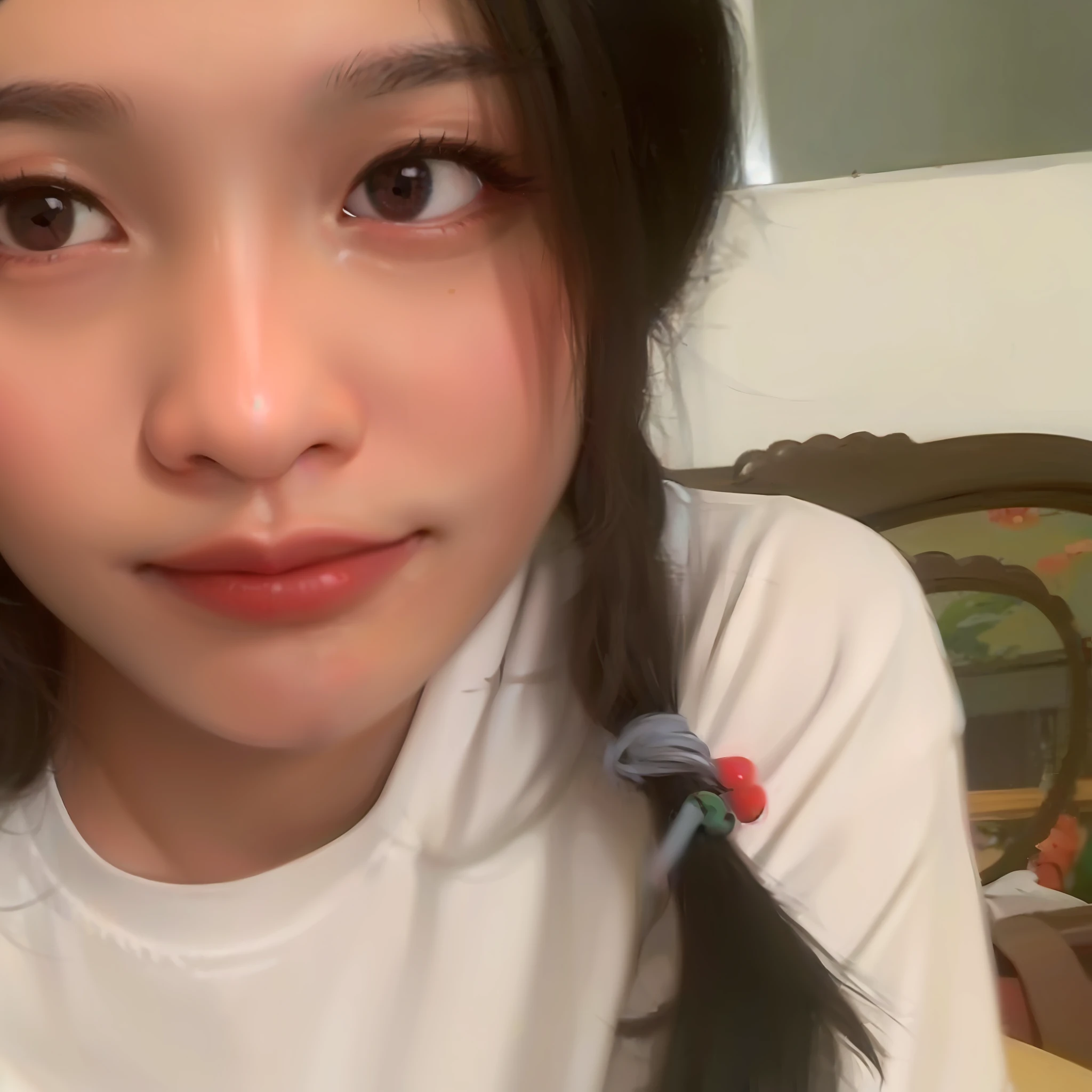 there is a young girl with long hair and a white shirt, young cute wan asian face, Ruan cute vtuber, very very low quality, She has a cute face, very low quality, 🤤 girl portrait, dang my linh, Young and cute face, 18 years old, nomake-up, with cute - fine - face, small heart - shaped face