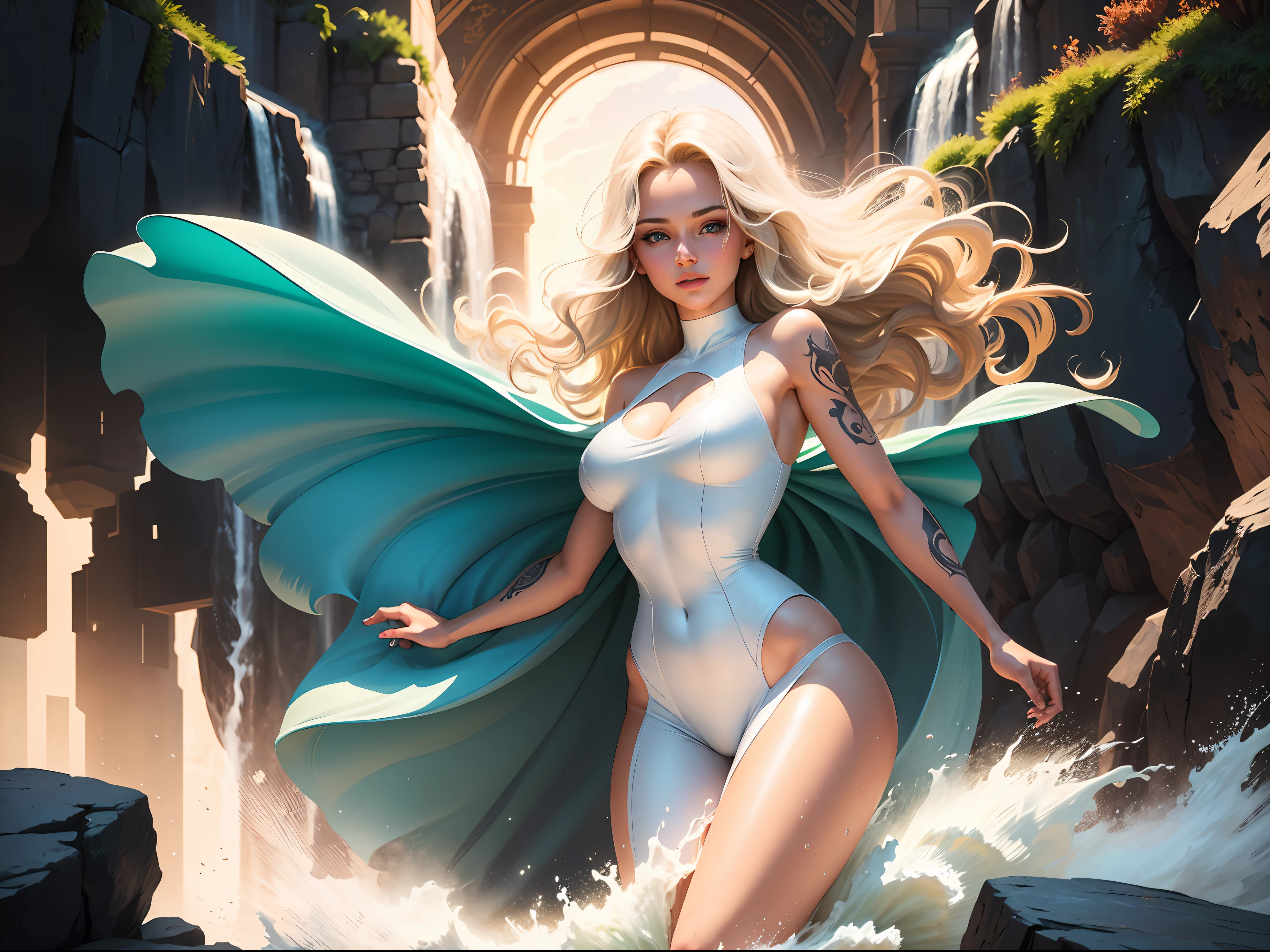 Realistic, full-body portrait of a young woman, 20 years old. standard body shape, realistic perfect body composition, milky beige hair blowing in the wind, wet body, waterfall scene. Beautiful realistic perfect green eyes, charming smile, white, even teeth, make up the perfect eye shape overall. fair skin, good looking, tattoo art, sexy sexy liquid acrylic 5cm outfit, warm dreamy light, volumetric light, adventure style pulp, dynamic gradient, true color, illustration graphics, highly detailed vector curves, simple, smooth and clean, vector art, smooth, character design, cinema, surrealism, posters, masterpiece collection, sunset, wet pigment. High image quality, meticulous detail, perfect realistic work --auto