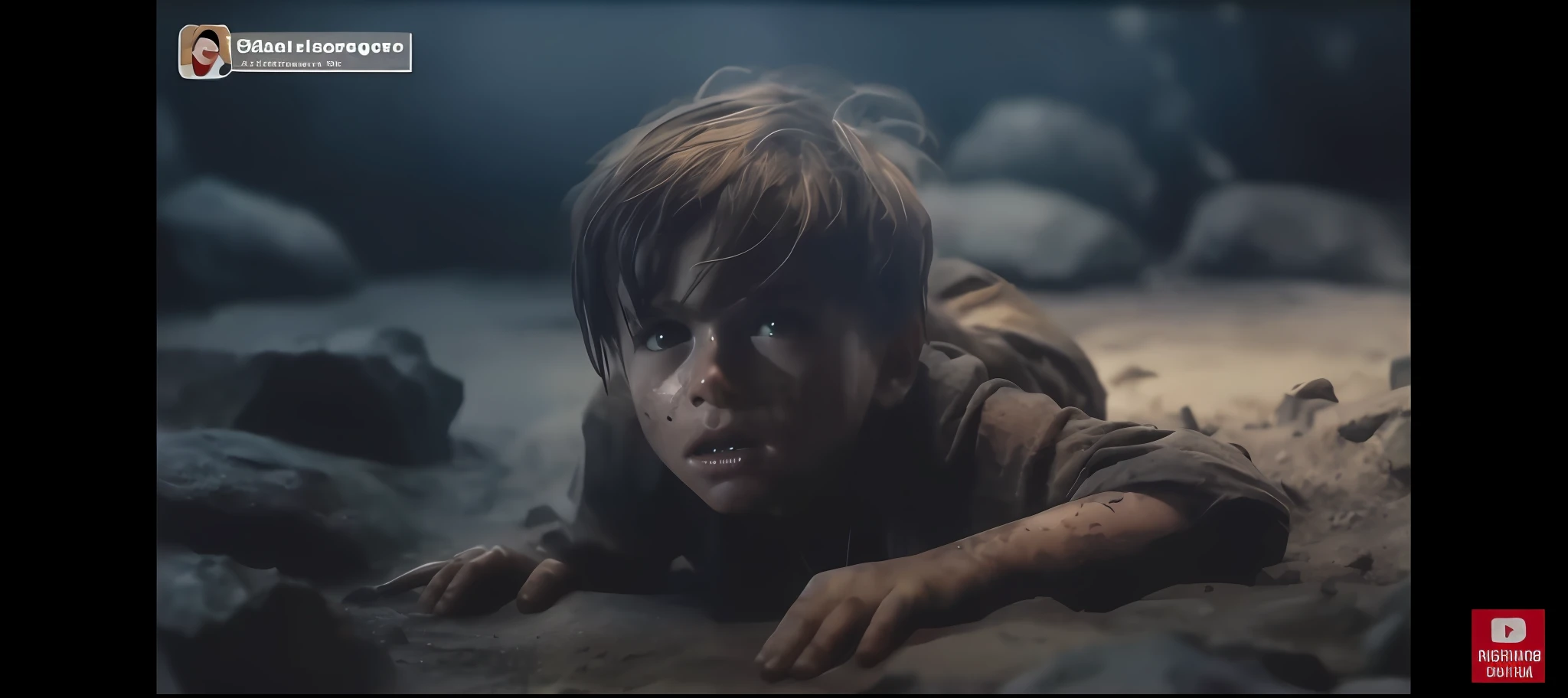 A closeup of a lying on the ground in a cave, ainda de um filme live action, ps5 cinematic screen capture, ultra realista, humano, muito triste, chorando, Ainda do filme A Chegada, Disney Weta 8 K, motor unreal 5", Tom Holland como Peter Pan, captura de tela de um filme, motor irreal", 1986 epic still cinematic, motor irreal ", Captura de tela do videogame>